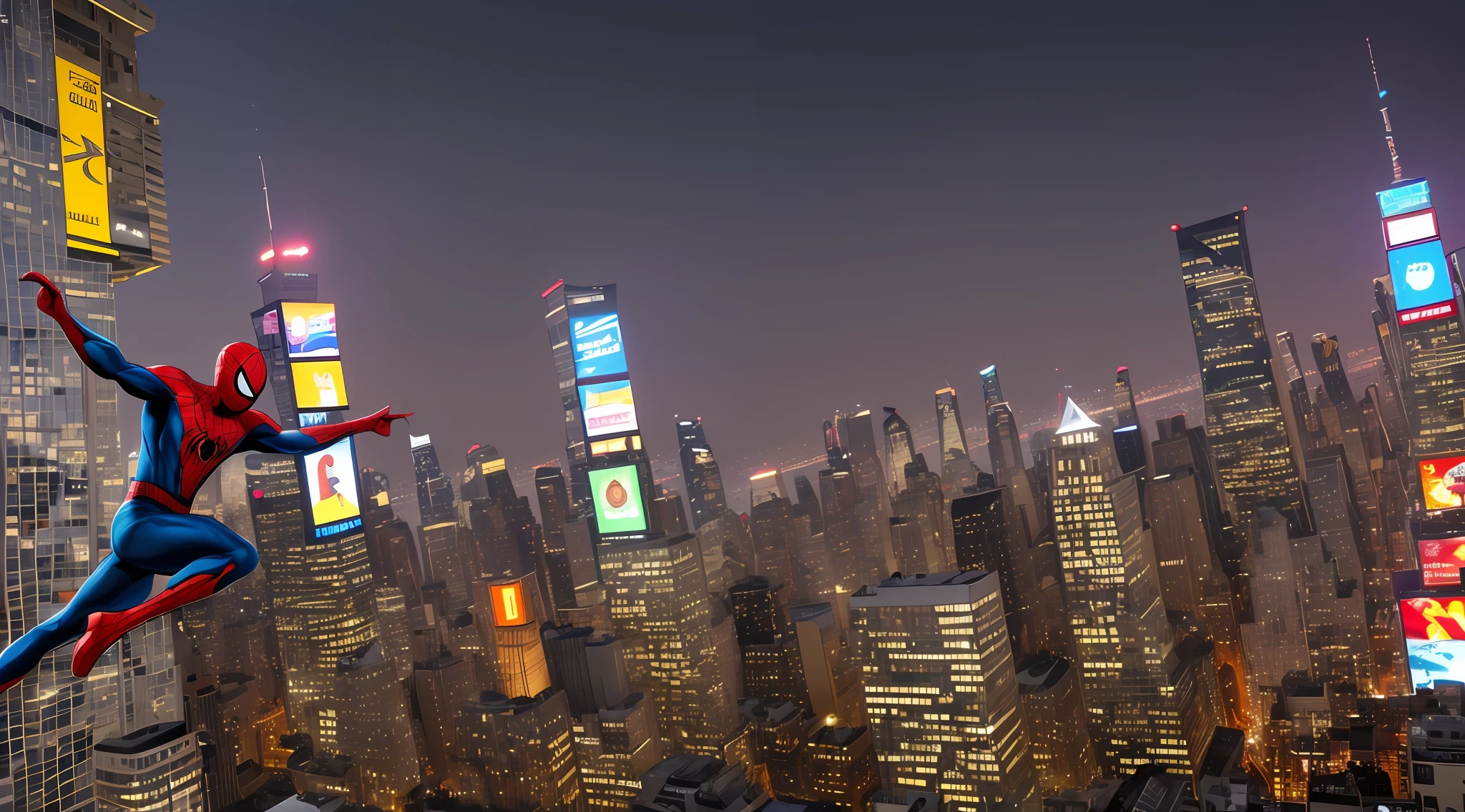 super high res, melhor qualidade, fotografia, 16k, (fotografiarrealista: 1.2), cinematic lighthing, The hero Spider-Man, Swinging na sua web, by the skyscrapers of New York, times square, Homem-Aranha PS4, se pendurando em sua teia, mergulhando no ar --auto