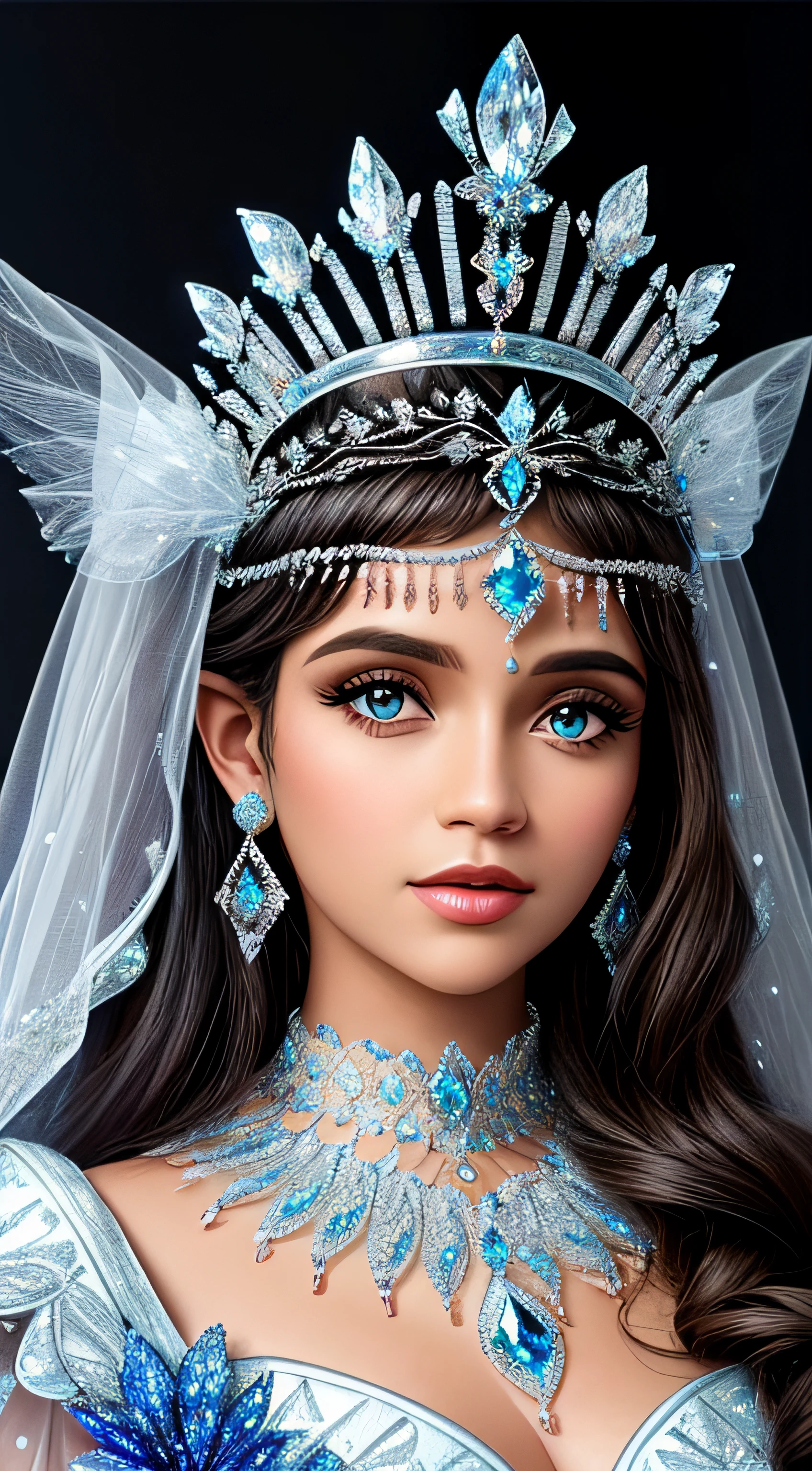 A closeup of a TIA with blue and white crystals on a black surface, tiara com safira, Coroa de joias, coroa de joias, tiara azul, coroa ornamentada joias, Crown of the Silver Prince, coroa de cristal, coroa real, coroa de engrenagens azuis e diamantes, realeza enfeitada e incrustada, usando uma coroa de diamantes, coroa de prata, Coroa da Rainha