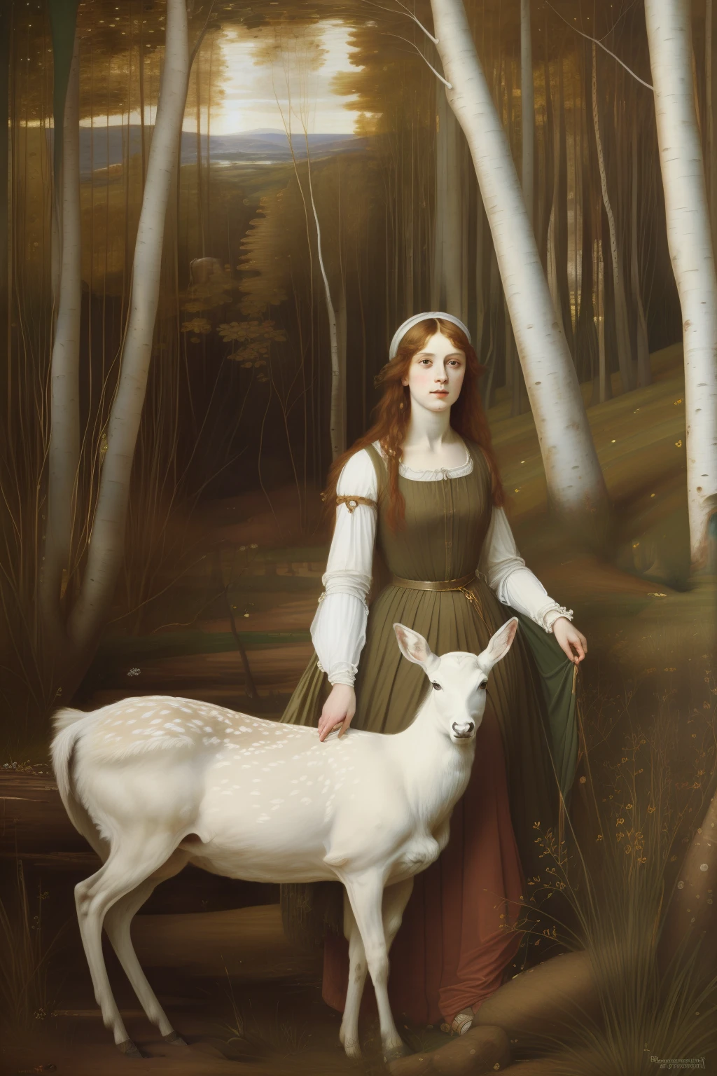 "(((Pre-Raphaelite and Renaissance painting))), qualidade excepcional, incredible details, Portrait of a Celtic maiden and a white deer in a birch forest. paisagem celta, sun sunset."