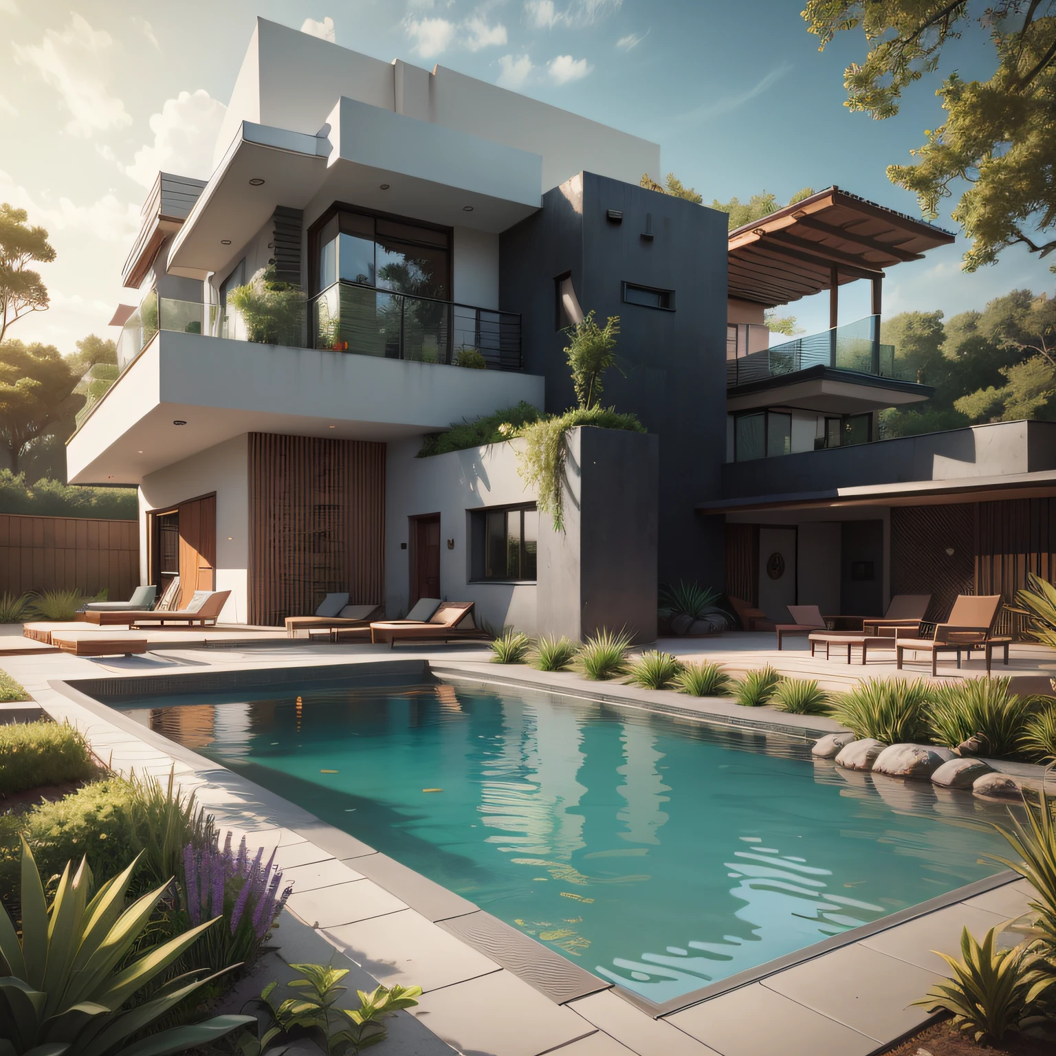 Organic modern architecture on a fairly large plot, There is a swimming pool in the middle of a large one-story house, cor da casa em vigas marrom chocolate e preto, large modern residence, telhados planos e jardim, render luxcore, render oktane, a photorealistic rendering, architectural render, mantra rendering, architectural render, realism rendering, architectural visualisation, piscina de bem-estar, architectural visualisation,  grandes zonas verdes, com pequenas zonas de flores de lavanda, arbustos verdes tipo exuberante jardim verde, swimming pool embedded in an area of sand, oliveiras e pinheiros ao redor da casa,