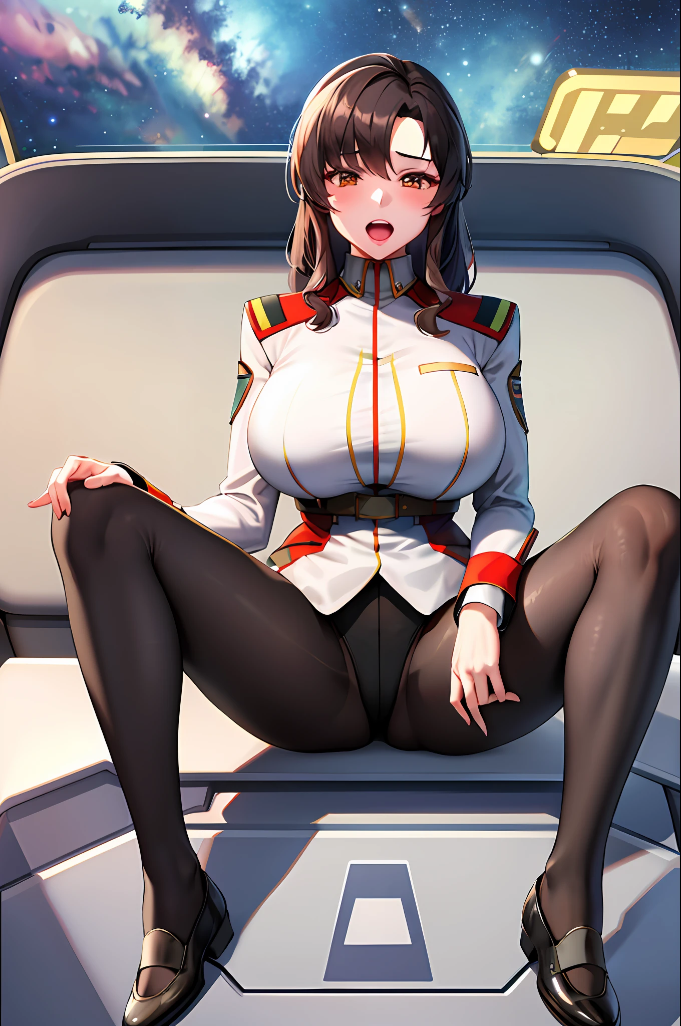 ​masterpiece, top-quality, Hi-Res, Marieu Ramias1, 1girl in, 独奏, (Black_pantyhose:1.1), Wearing a military uniform leotard、sitting with  spreading legs,  cockpit, spaces, open open mouth,Colossal tits,tights,Naughty face