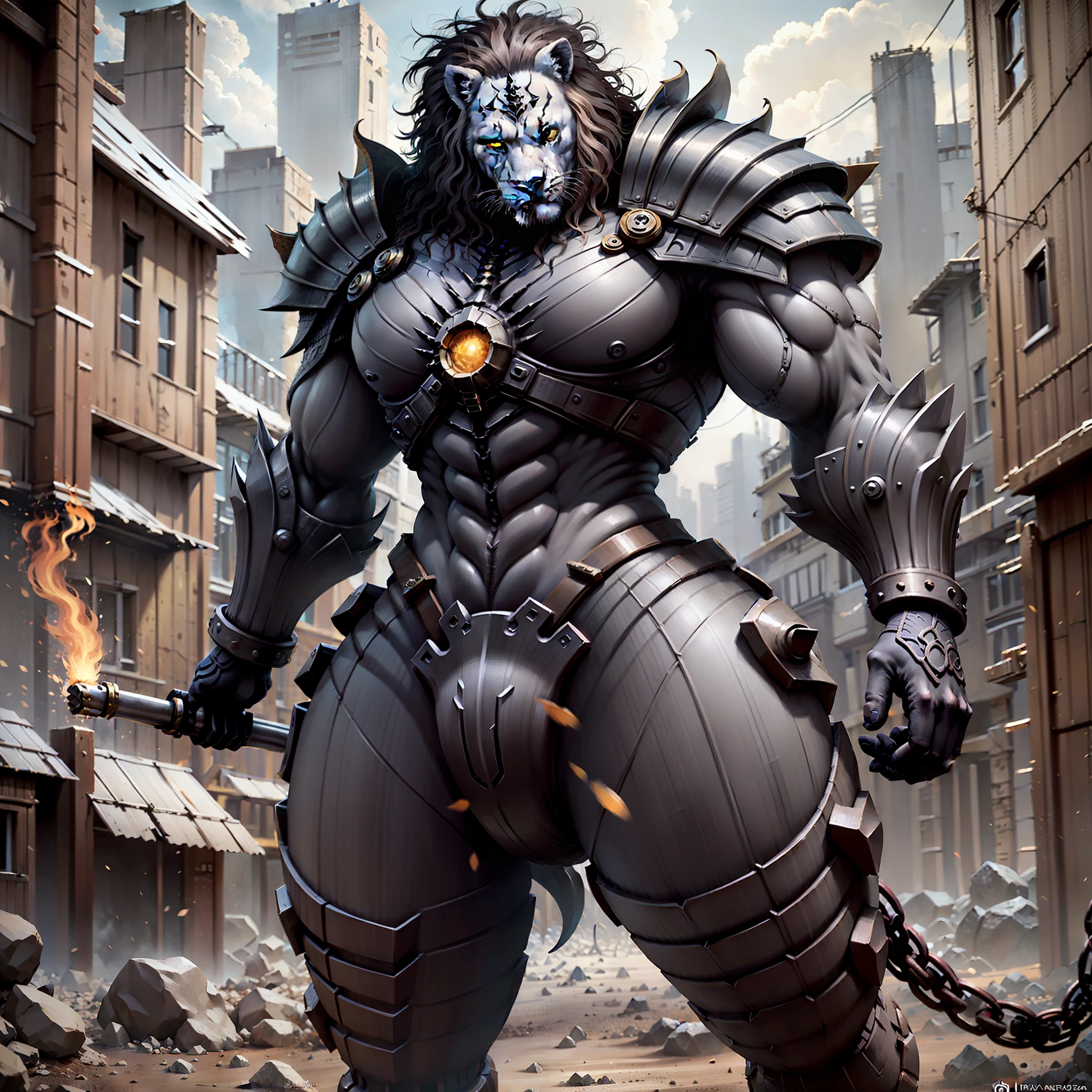 Super  white lion, mus gigante, Uloso com cabelos brancos, Olhos de fogo e armadura rotuca ultra realista