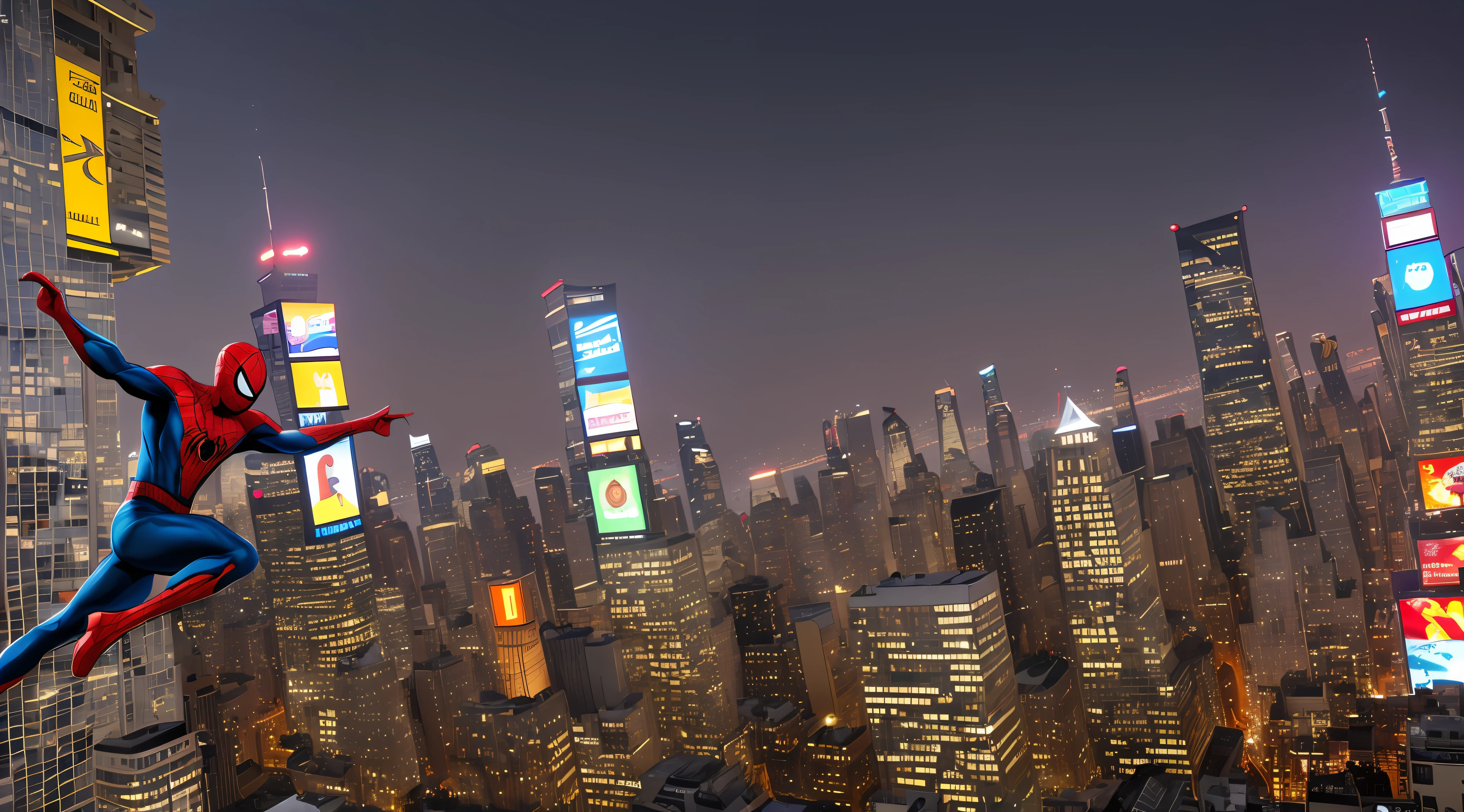 super high res, melhor qualidade, fotografia, 16k, (fotografiarrealista: 1.2), cinematic lighthing, The hero Spider-Man, Swinging na sua web, by the skyscrapers of New York, times square, Homem-Aranha PS4, se pendurando em sua teia, mergulhando no ar --auto