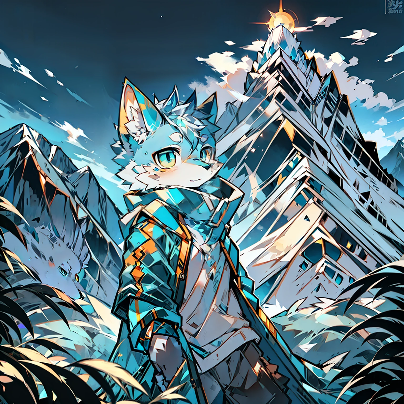 Wolf staring ahead Lonely Mountain Solitary Peak, Sun Rising Tranquil Snowy Mountain A Male in a Blue Cotton Coat Gaze Unique Blue Pattern Bright Pupils Yellow-blue heterochromic pupils Create a mysterious atmosphere