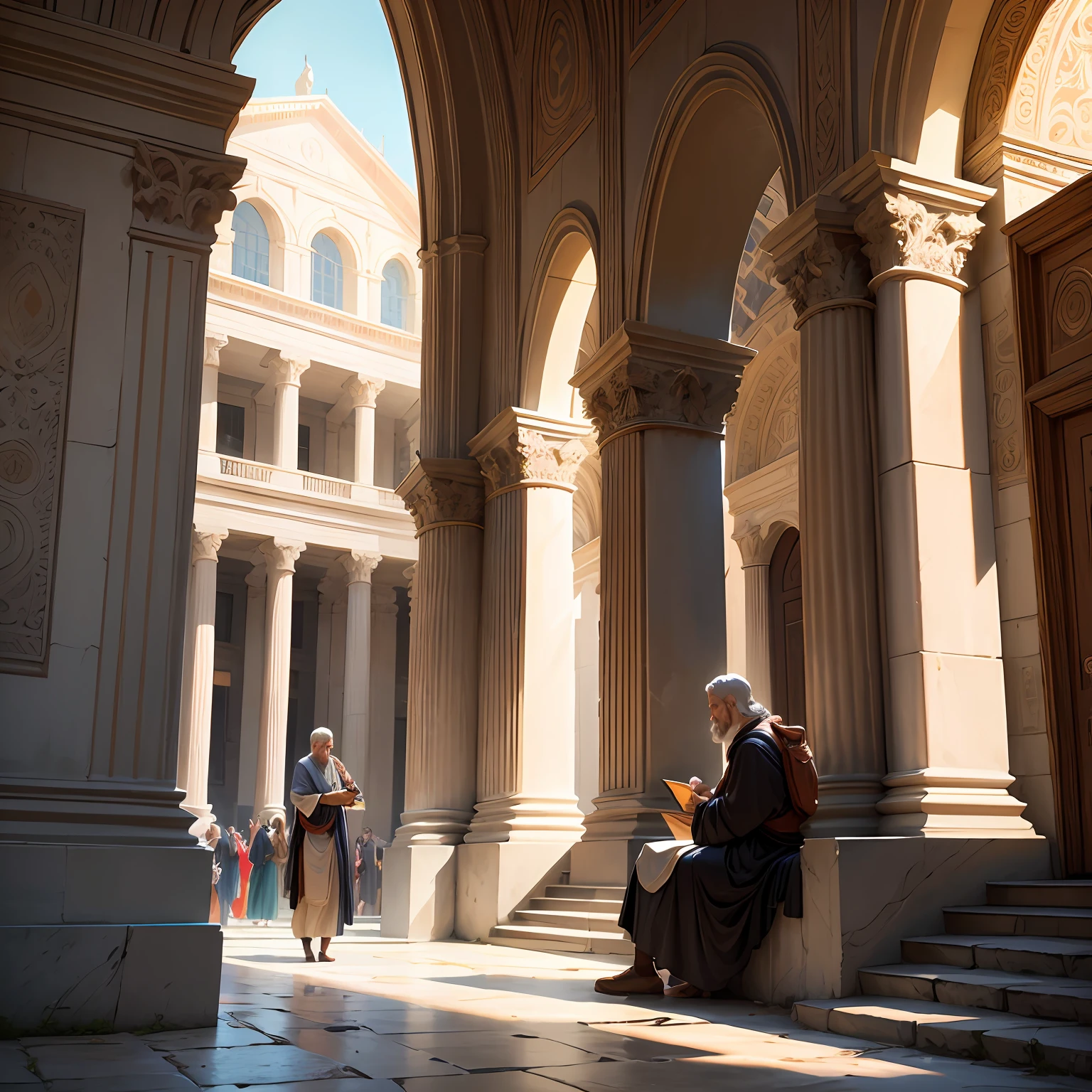 **Ancient Philosopher's Walk:**
```markdown /imagine prompt: Epictetus, the wise philosopher of 55 D.C., strolls through a bustling ancient city square. The architecture reflects the grandeur and magnificence of the era, with towering marble columns and intricately carved statues adorning the surroundings. Epictetus is dressed in traditional garments reminiscent of the time of Jesus, exuding an air of profound wisdom and serenity.
The environment is alive with the hum of conversation and the vibrant colors of market stalls. Citizens of all walks of life engage in animated discussions, while merchants display their wares, including ornate pottery and exotic spices. The atmosphere is filled with a sense of intellectual curiosity and the pursuit of knowledge.
The style chosen is an artistic portrayal, inspired by classical art. The image will be reminiscent of a beautiful oil painting, featuring rich, earthy tones and skilled brushwork. The art style will draw inspiration from renowned painters of antiquity, capturing the essence of the era with a touch of surrealism, creating a dreamlike quality.
For execution, the image will be hand-painted using traditional oil painting techniques on canvas. The artist's inspiration will be drawn from the works of Leonardo da Vinci and Raphael, blending elements of their styles into the image. The lighting and shadows will be skillfully rendered to highlight Epictetus' contemplative expression and the splendor of the architectural surroundings. --ar 16:9 ```
**The Stoic Philosopher's Reflection:**
```markdown /imagine prompt: Picture Epictetus, the renowned philosopher, seated on a weathered stone bench in a serene and secluded corner of the ancient city. The architecture surrounding him reflects the grandeur of his time, with Romanesque arches and intricate carvings telling tales of a bygone era. Epictetus is dressed in the stoic simplicity of the period, exuding a sense of calm and introspection. --auto