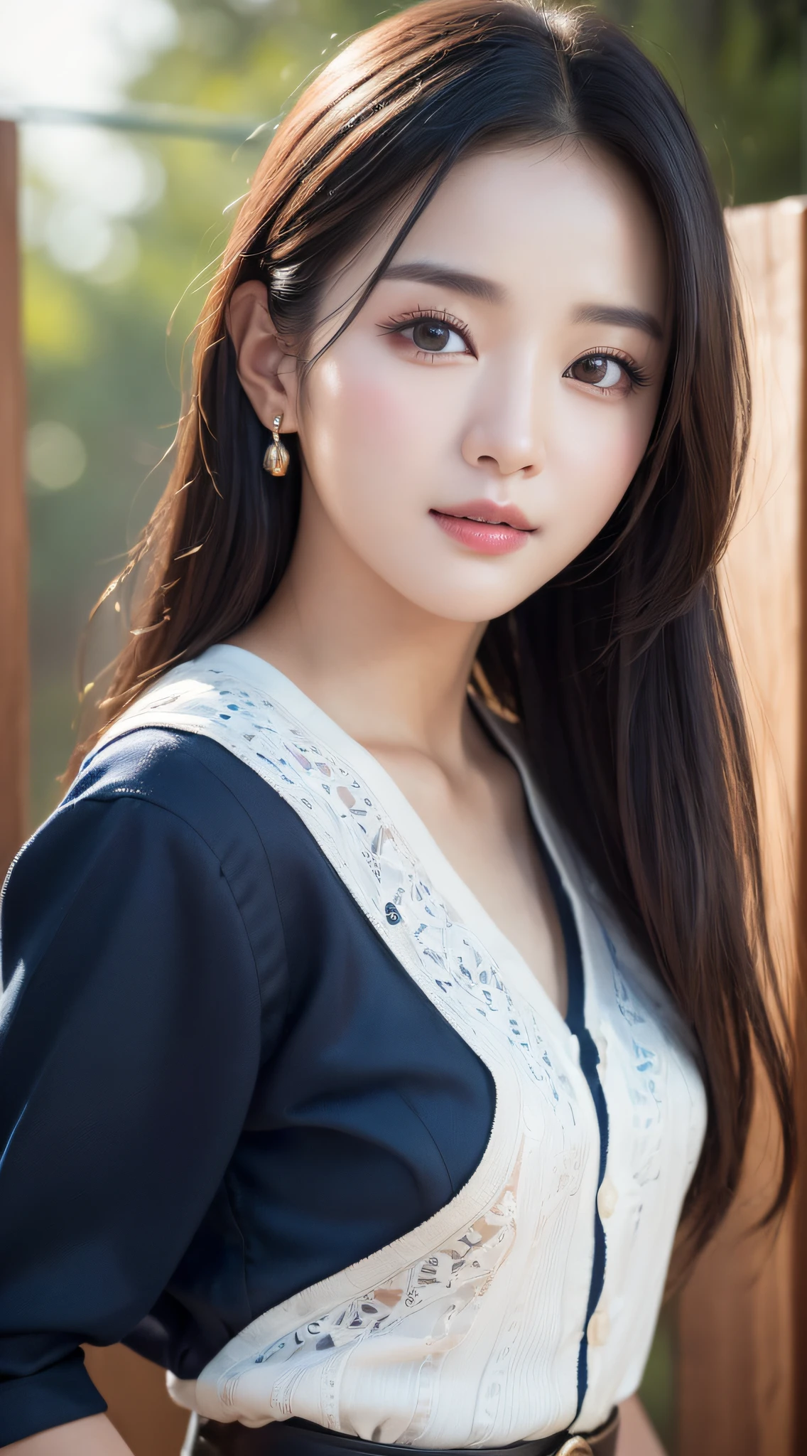 ((best qualtiy、8k masterpieces:1.3))、foco nítido:1.2、(ultra beautiful faces:1.0)、(shinny skin:1.0)、photos realistic、A dark-haired、Video Lighting、High-definition eyes and face、Video Lighting、(cowboy shot:1.3)、(Korean Cute Actress)、from the front side、medium large 、ssmile、Sleeveless、Wearing a white blouse