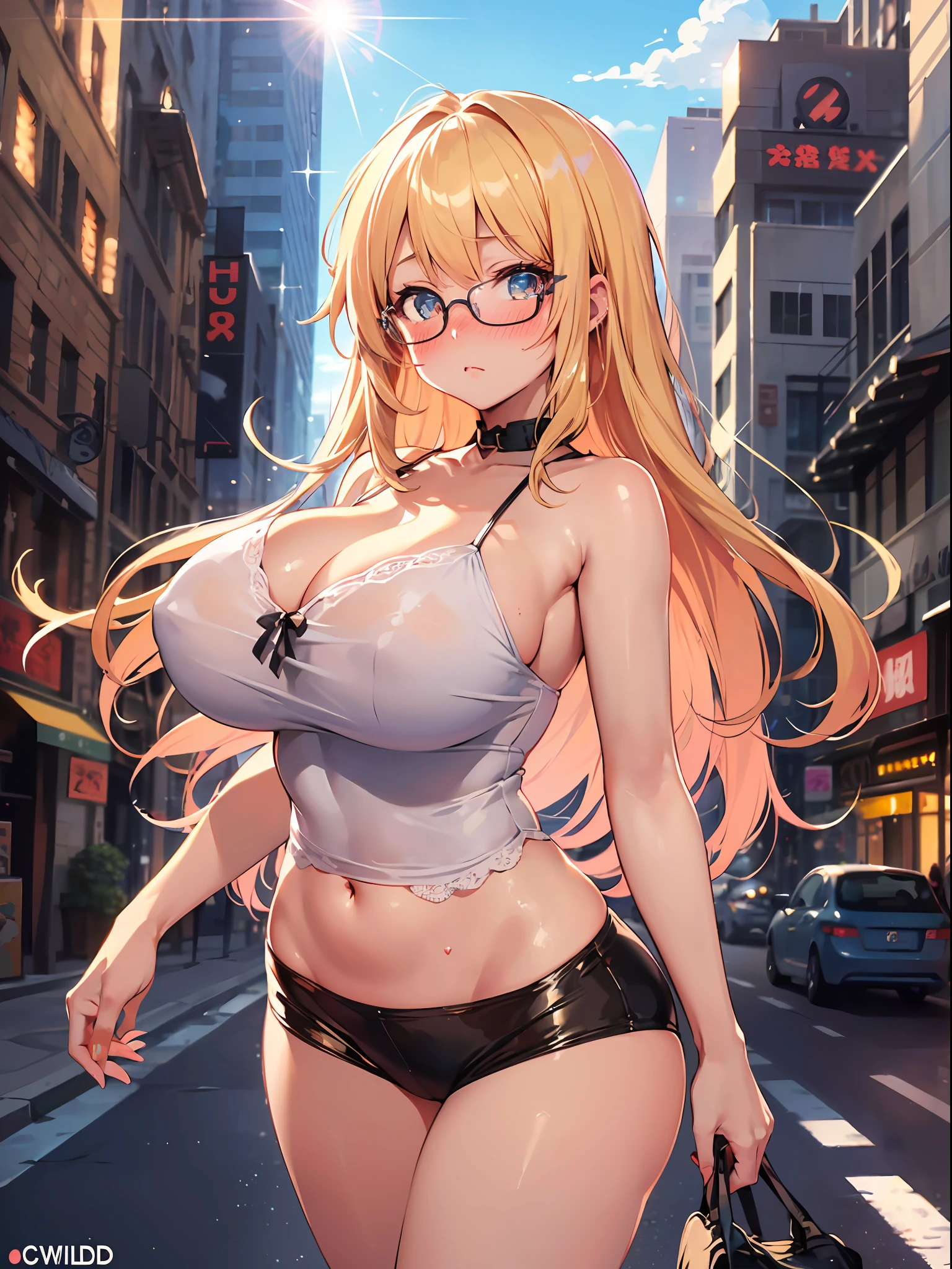 ((masterpiece)), ((Best Quality)), (Ultra-detailed), ((kawaii)), (Cute), (lovely), ((Sexy)), (Ero), (golden ratio), ((Extremely detailed)), 4K, (8K), Best Quality, (Beautiful), Illustration, Anime style, Painting, (Dynamic Angle), Cowboy Shot, (from wildcard:1.4), heavy outline, clear outlines, Gradation, (full body focus), (city), Cute ,1girl in, Solo, camisole, yellow hair, Beautiful random colored eyes, ((Beautiful eyes)), Slightly wheat-colored skin, random hair style, Buttocks, (gigantic and massive tits), glasses, (cool), (blush:1.5), sparkling effect, Lens Flare, shiny-glistening, gleaming