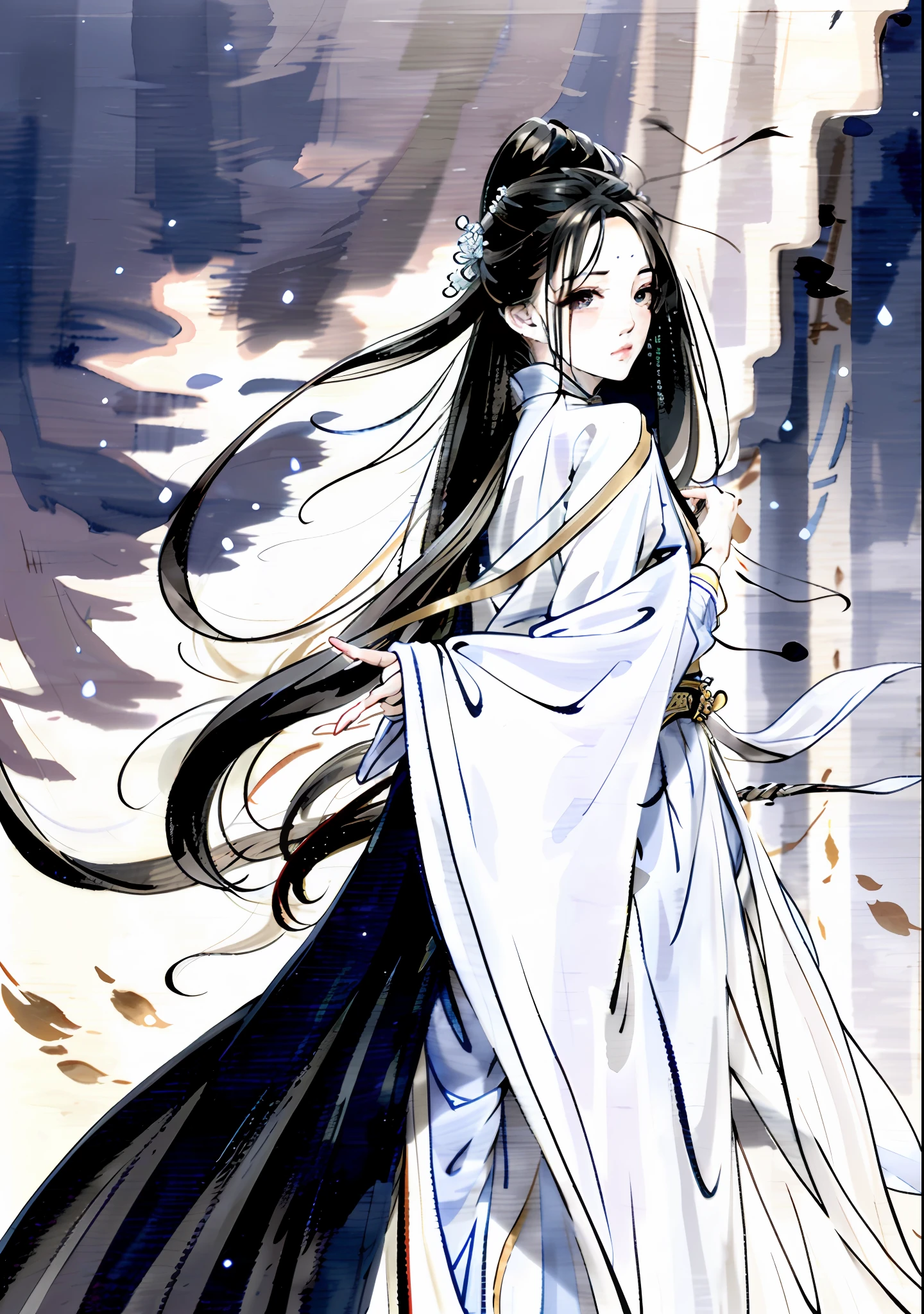 Close-up of a man in a white Han suit holding a sword,Turn Back,The upper part of the body,Long black hair and high ponytail,Fantasyart,beautiful character painting,Guviz-style artwork,Guvitz,white hanfu,flowing white robe,full-body wuxia,epic exquisite character art,stunning character art,Beautiful man,On the edge of the sky,blue-sky