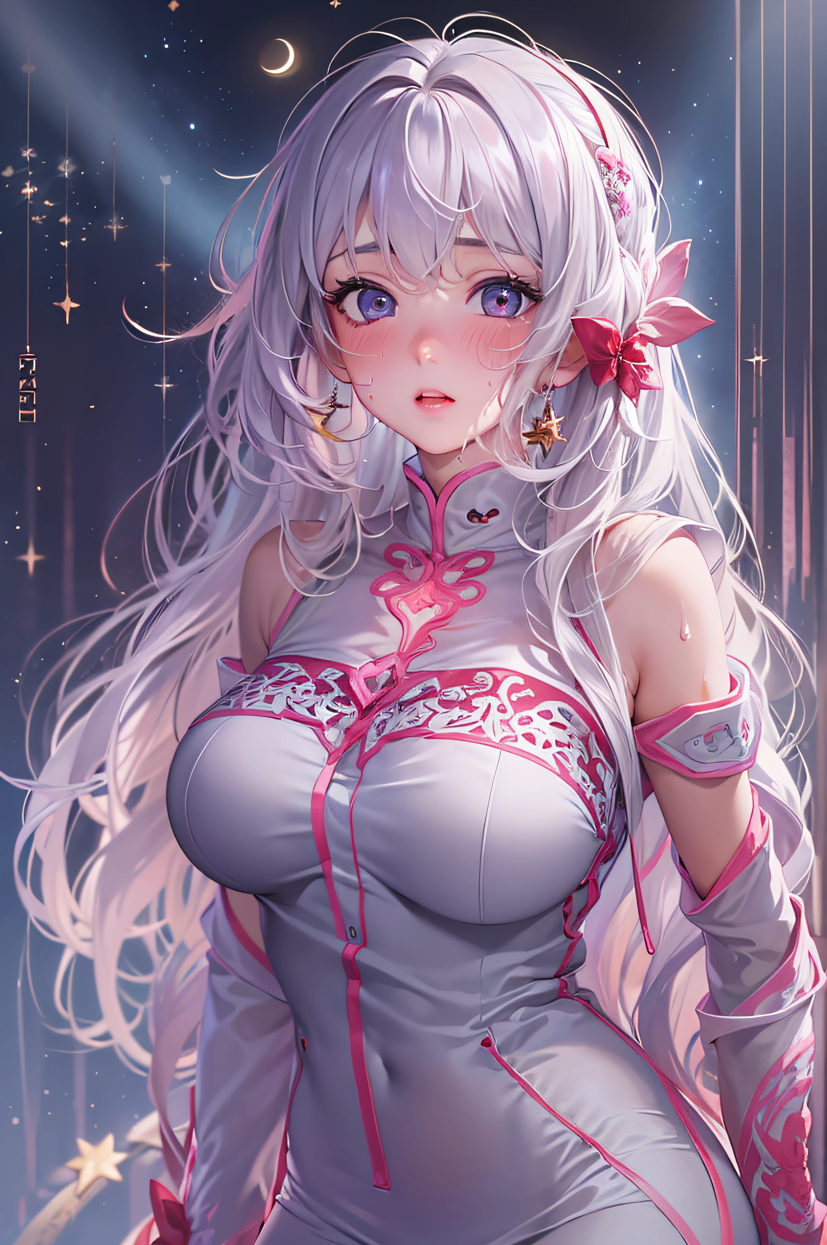 (masterpiece, top quality, best quality, official art, beautiful and aesthetic:1.2), (1girl:1.3), (fractal art:1.3),absurd, masterpiece, best quality, realistic, hyper-detailed, (shiny skin, sweaty:1.4), looking at viewer, slender, solo, white sneakers, white miniskirt, long hair, white hair, red eyes, heterochromia, multi coloured eyes, (thick thighs:0.5), dynamic lighting, high resolution, sharp focus, depth of field, medium breasts, masterpiece, best quality, ultra-detailed, illustration, ultra-detailed face, best quality face, adult, 1girl, 18 years old, adult, intricate detailed outfit, sexy pose, glowing red dress, cute, kawaii, digital art, finely detailed eyes, blushing, red cheeks, realistic, purple eyes, glowing eyes, top, skirt, parted lips, blush, night, sun, sunlight, cute, kawaii, digital art, finely detailed eyes, embarrassed expression, long_hair, blushing, moon, star_\(sky\), starry_sky, full_moon, photorealistic, asian, woman, mix4