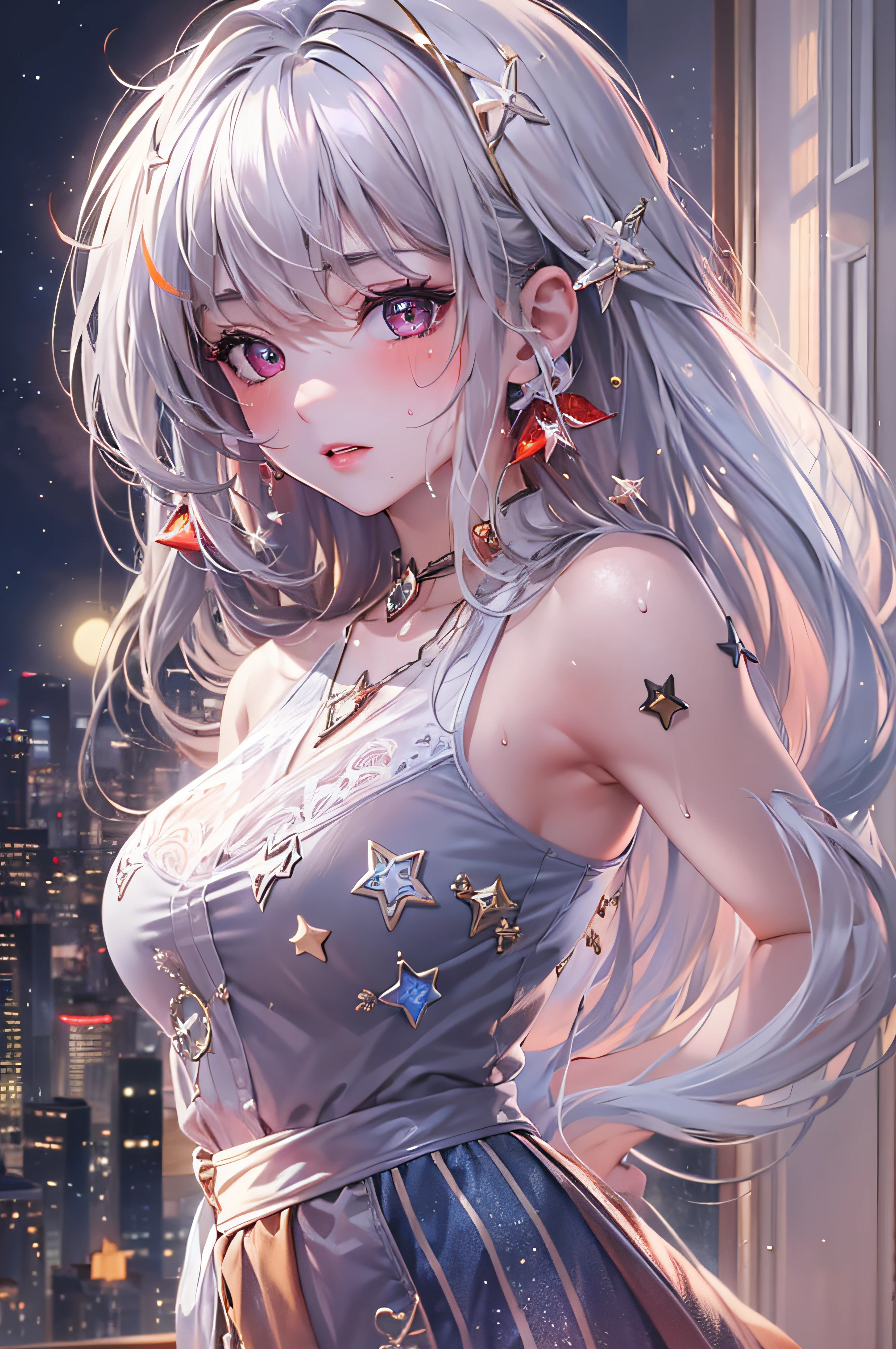 (masterpiece, top quality, best quality, official art, beautiful and aesthetic:1.2), (1girl:1.3), (fractal art:1.3),absurd, masterpiece, best quality, realistic, hyper-detailed, (shiny skin, sweaty:1.4), looking at viewer, slender, solo,  white sneakers, white miniskirt, long hair, white hair, red eyes, heterochromia, multi coloured eyes, (thick thighs:0.5), dynamic lighting, high resolution, sharp focus, depth of field, medium breasts, masterpiece, best quality, ultra-detailed, illustration, ultra-detailed face, best quality face, adult, 1girl, 18 years old, adult, intricate detailed outfit, sexy pose, glowing red dress, cute, kawaii, digital art, finely detailed eyes, blushing, red cheeks, realistic, purple eyes, glowing eyes, top, skirt, parted lips, blush, night, sun, sunlight, cute, kawaii, digital art, finely detailed eyes, embarrassed expression, long_hair, blushing, moon, star_\(sky\), starry_sky, full_moon, photorealistic, asian, woman, mix4