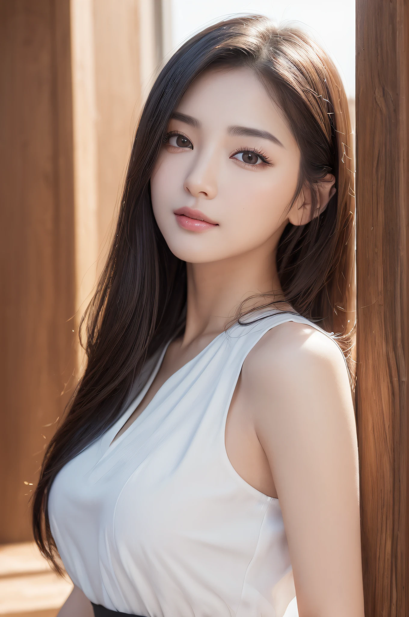 ((best qualtiy、8k masterpieces:1.3))、foco nítido:1.2、(ultra beautiful faces:1.0)、(shinny skin:1.0)、photos realistic、A dark-haired、Video Lighting、High-definition eyes and face、Video Lighting、(cowboy shot:1.3)、(Korean Cute Actress)、from the front side、medium large breasts、ssmile、Sleeveless、Wearing a white blouse