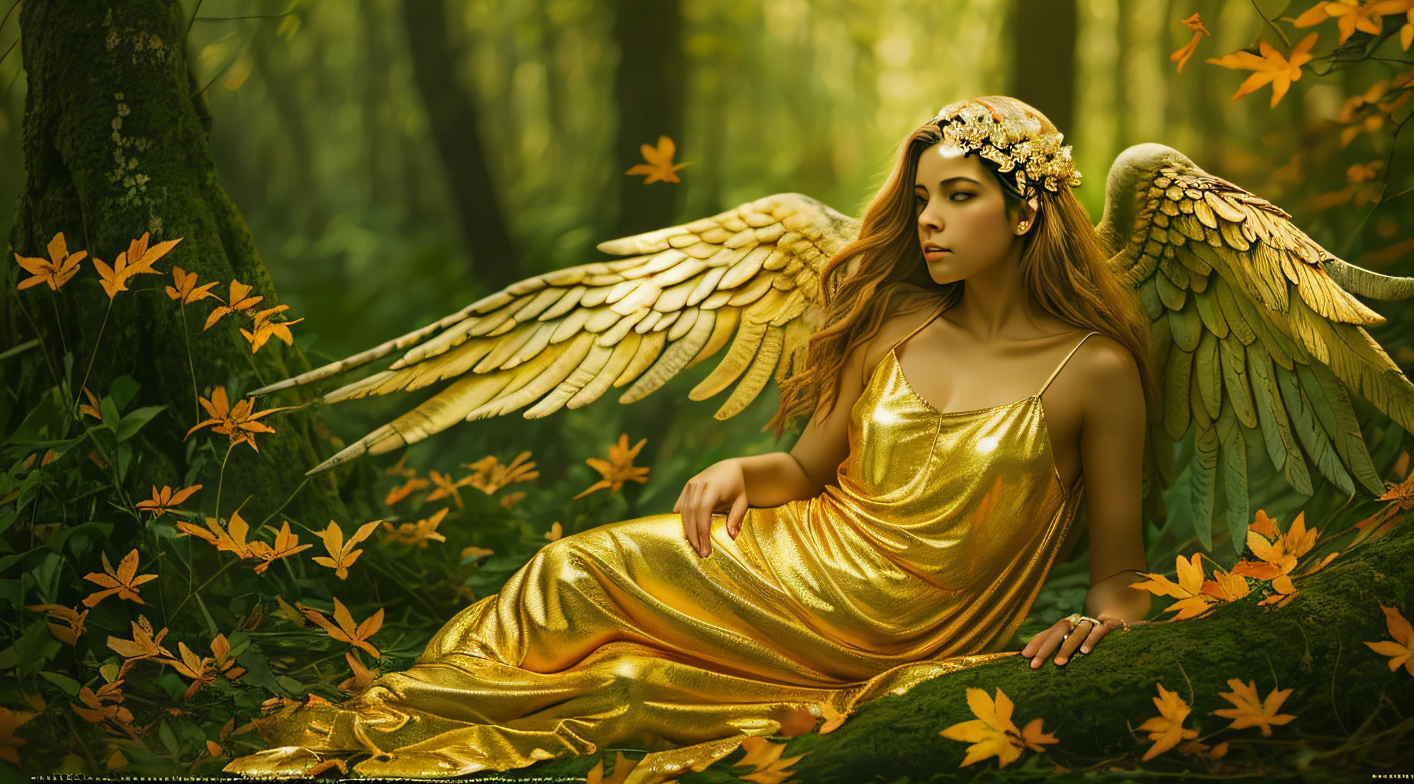 fotografia (estilo fallenangel:1) uma pintura digital de um (atraente:1) Anjo dourado sentado no meio de uma floresta