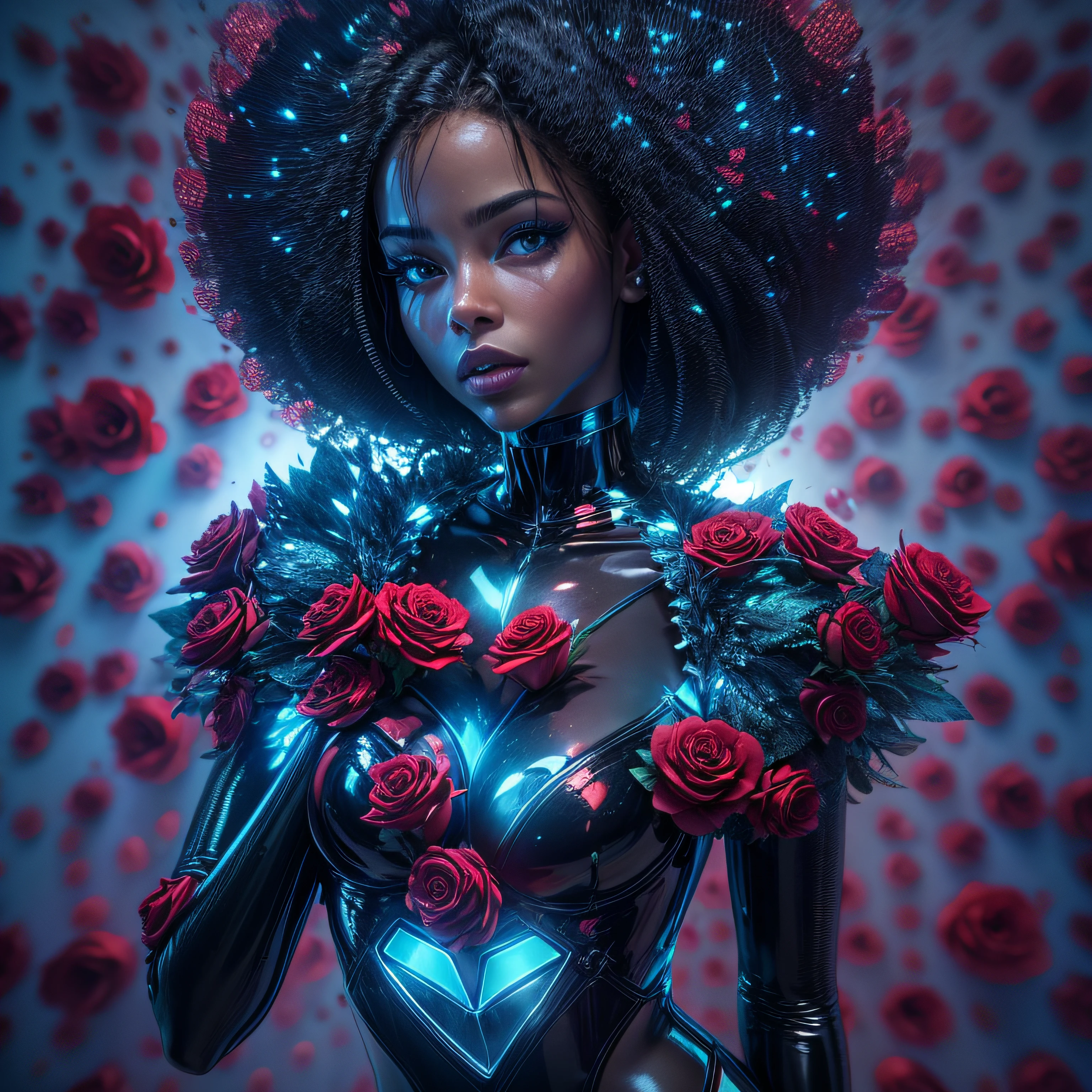 Beautiful black latex woman, olhos azuis, coberta com rosas vermelhas iluminadas, bright blue white glowing heart, visible from human, noite, Colouring, photography hyper-detailed cinematic hdr lighting, softbox lighting, Detalhe extremo, 8k, 3D-rendering, Hiper realista, NVIDIA,