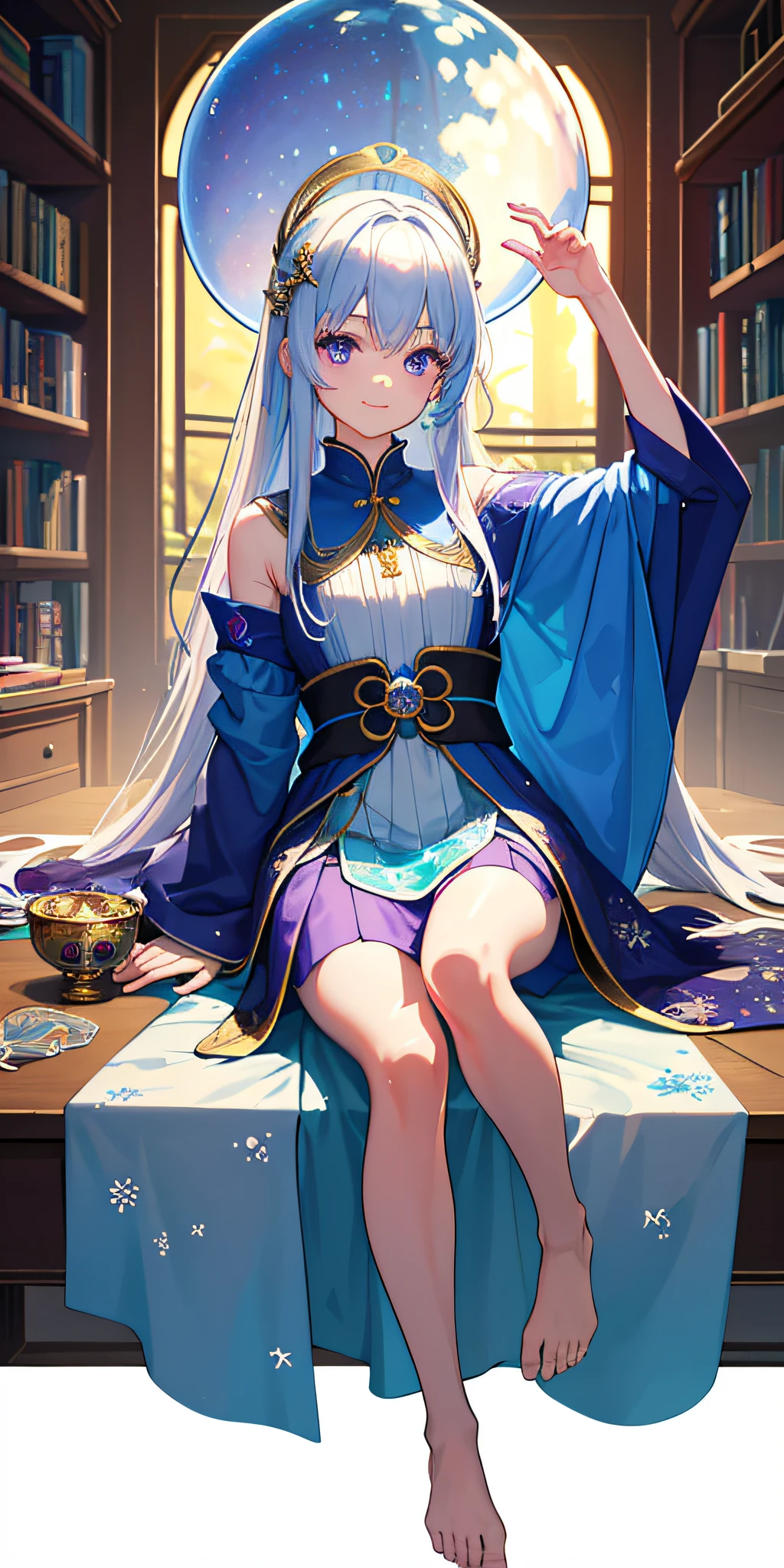[(transparent background:1.5)::5],(((Masterpiece))),(((Best Quality))),(((Extremely detailed))),illustartion, 1girl,独奏,mysterious,Vivid Color,glittering, underwater transparent sealed hemispherical glass dome, (white colored hair),(violet eyes), full - body,bare footed,hairlong, tranquil natural setting, koi,undersea, Dome,close up,Dynamic actions,Lens perspective,(((Box composition))),Sit, Cross-legged, and lean against the bookshelf, voluminous lighting, colorful eyes, A detailed eye, hyper detailed,slight smile, Highly detailed, Beautiful, fine details, Ultra Detailed, Best Quality, Intricate, 4k, 8K, Trending on ArtStation, good anatomy, Beautiful lighting, Award-winning,