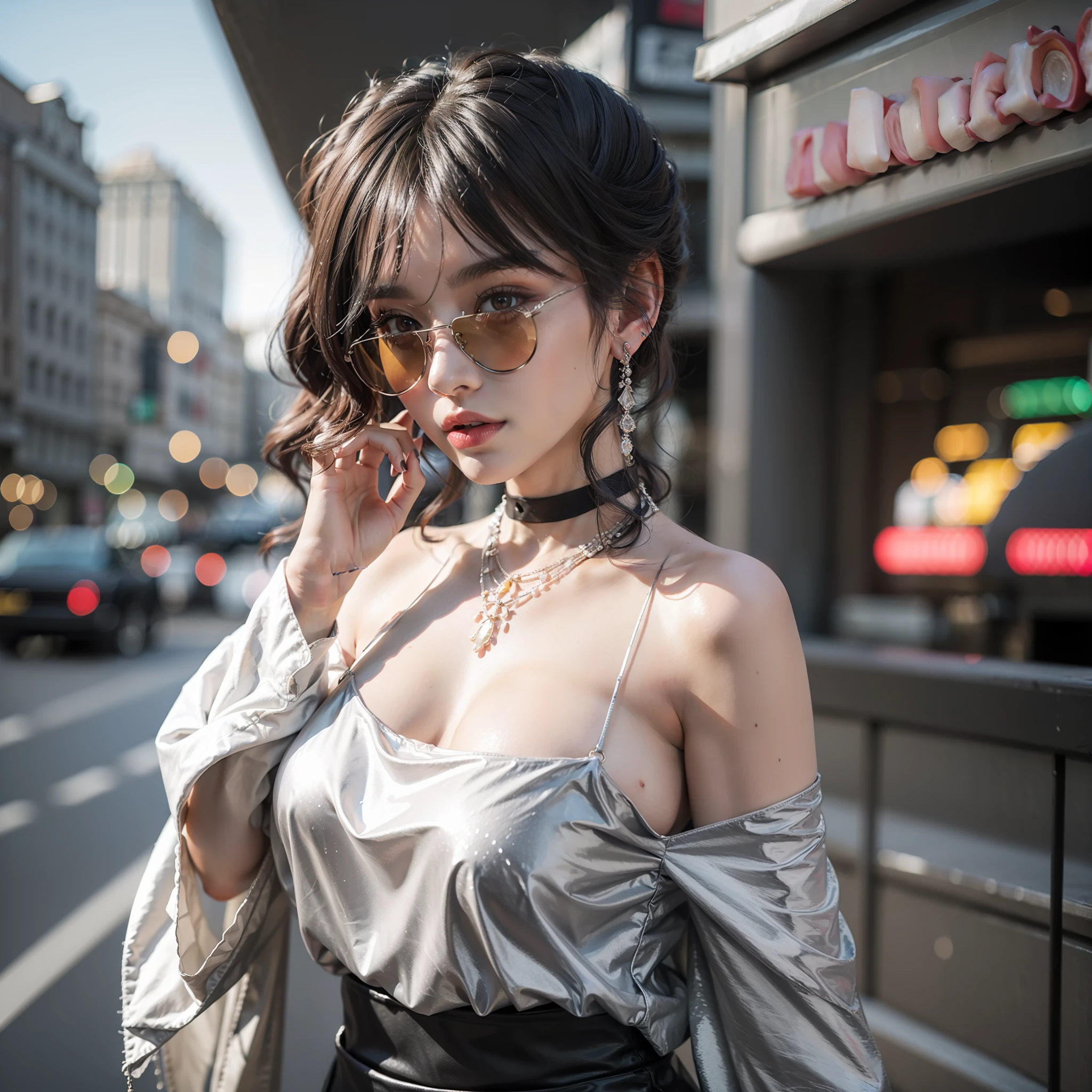 best qualtiy， 超高分辨率， （realisticlying：1.4）， 1girll， Off-shoulder white shirt， Black tight skirt， a black choker， （Faded gray-gray hair：1）， （：1.2）， looking at viewert， closeup cleavage ，huge tit，Blush，Wearing pink sunglasses，