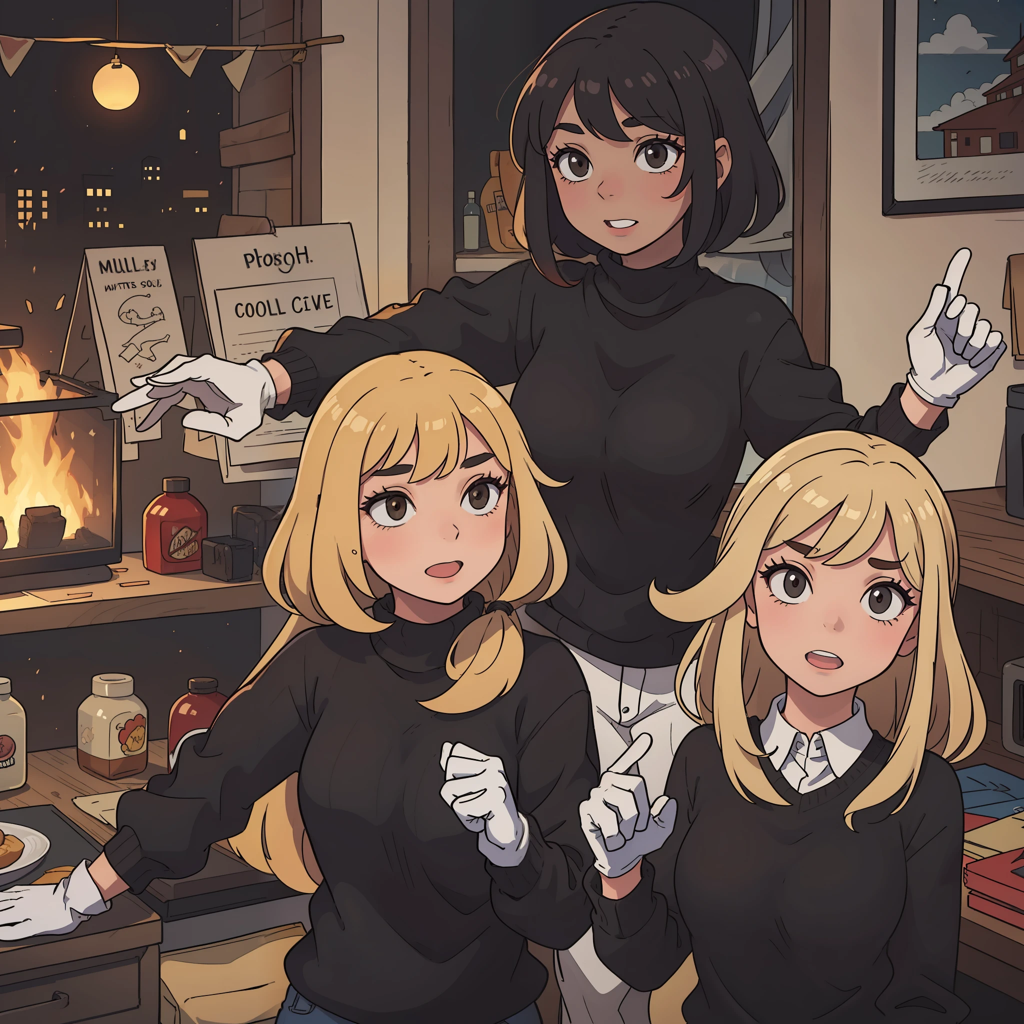 Mulher, Cabelos curtos e cacheados, Brown skin, sorrir, Cidade de fundo, gloves without fingers, black sweater