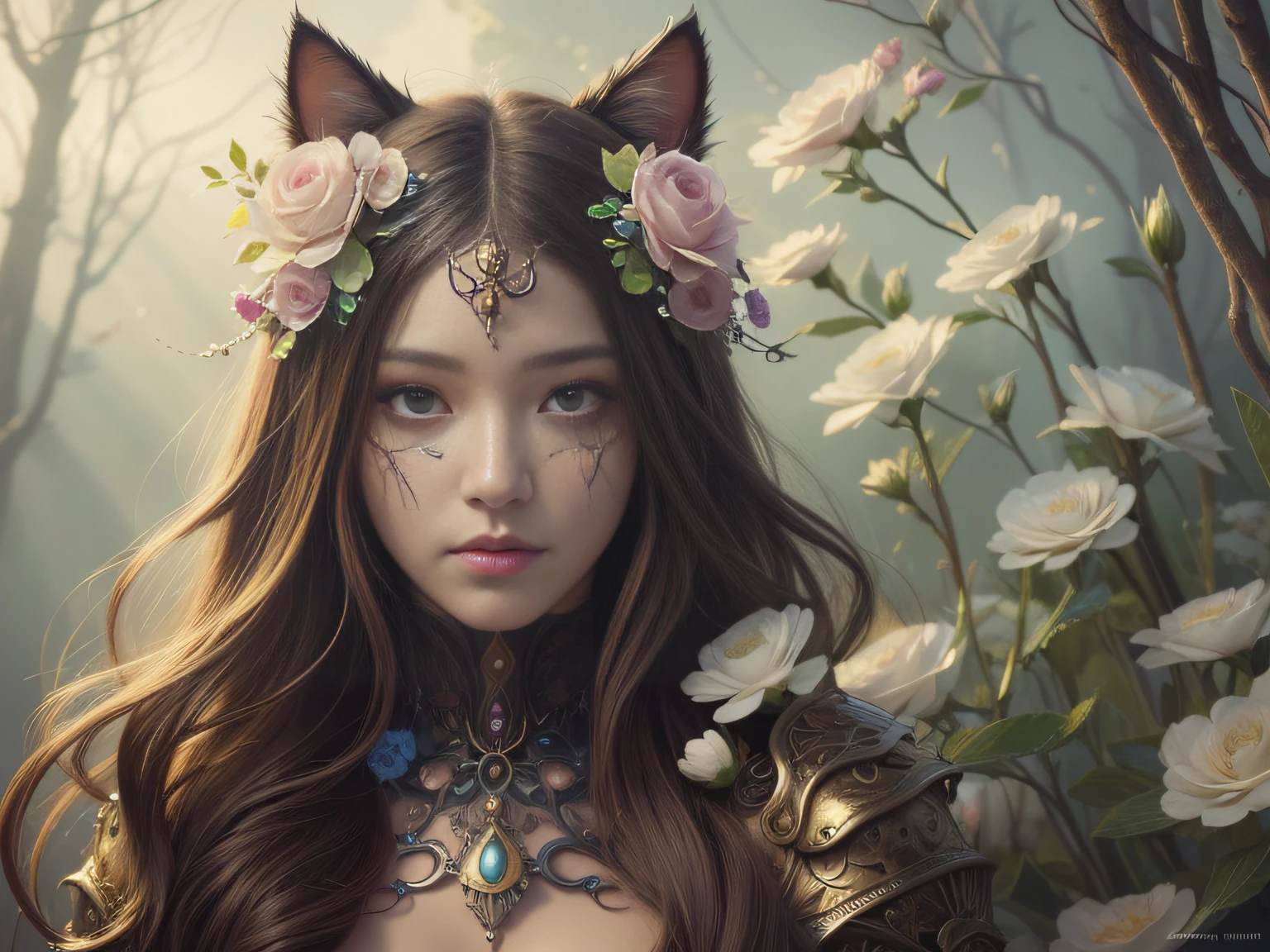 There is a woman with flowers on her cat's face and hair, Fantasyart, digital fantasy art ), detailed fantasy digital art, Fantasy Art Style, 4K highly detailed digital art, fantasy style art, super detailed fantasy characters, 8k high quality detailed art, detailed digital 2d fantasy art, intricate wlop, digital art fantasy art, stunning digital illustration