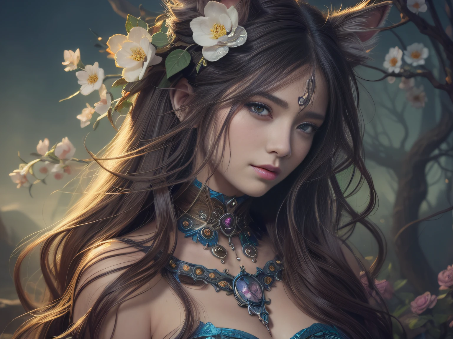 There is a woman with flowers on her cat's face and hair, Fantasyart, digital fantasy art ), detailed fantasy digital art, Fantasy Art Style, 4K highly detailed digital art, fantasy style art, super detailed fantasy characters, 8k high quality detailed art, detailed digital 2d fantasy art, intricate wlop, digital art fantasy art, stunning digital illustration
