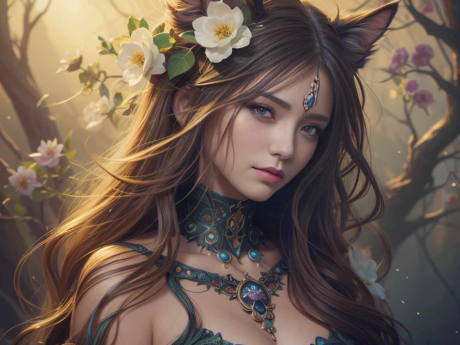There is a woman with flowers on her cat's face and hair, Fantasyart, digital fantasy art ), detailed fantasy digital art, Fantasy Art Style, 4K highly detailed digital art, fantasy style art, super detailed fantasy characters, 8k high quality detailed art, detailed digital 2d fantasy art, intricate wlop, digital art fantasy art, stunning digital illustration