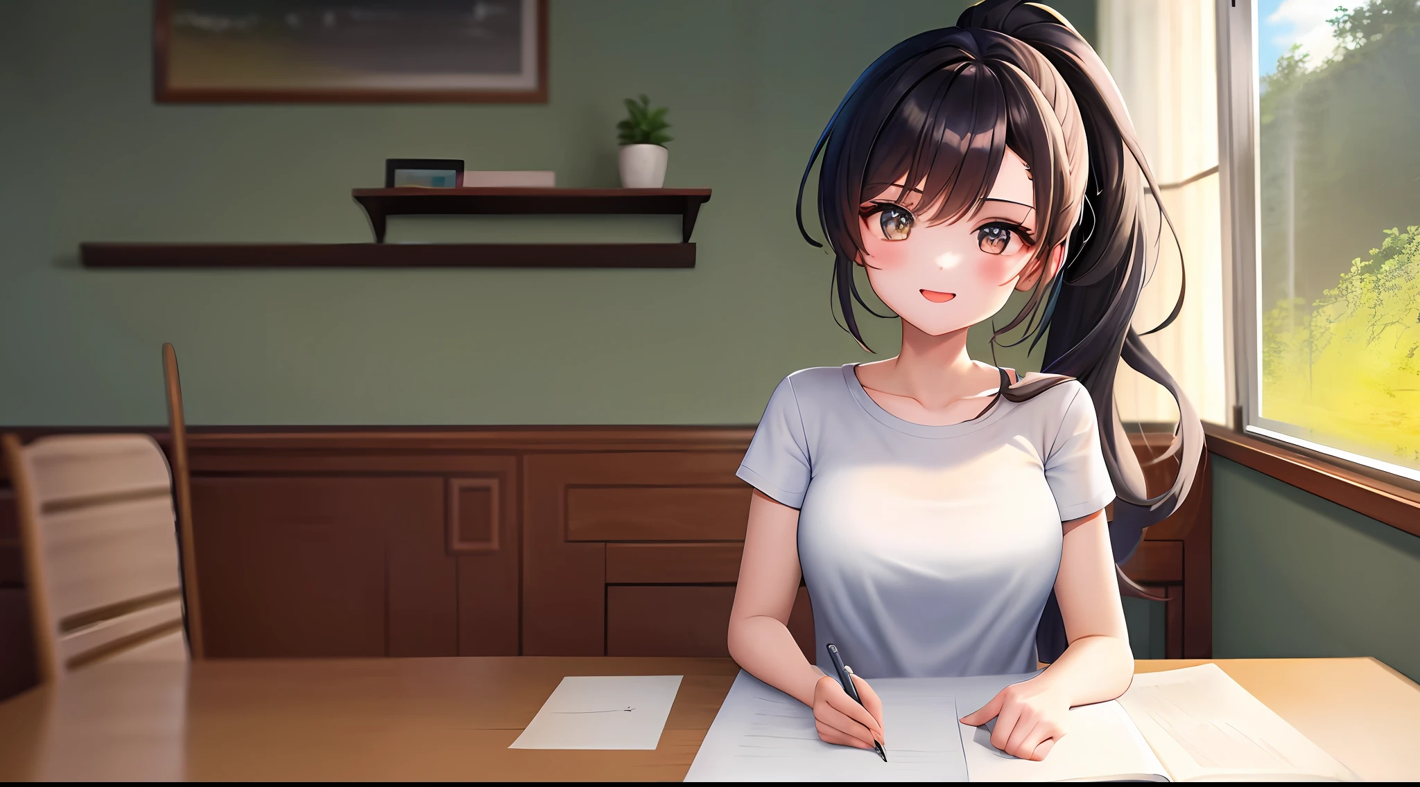 ​masterpiece, top-quality, hight resolution, a 1 girl, Loose white t-shirt、 Girl sitting on chair studying drafting at desk,、Beautie、Appeal、Frolic happily、Female, 20 years old、Have good eyes、High Ponytail、Unclear、Beautiful fece