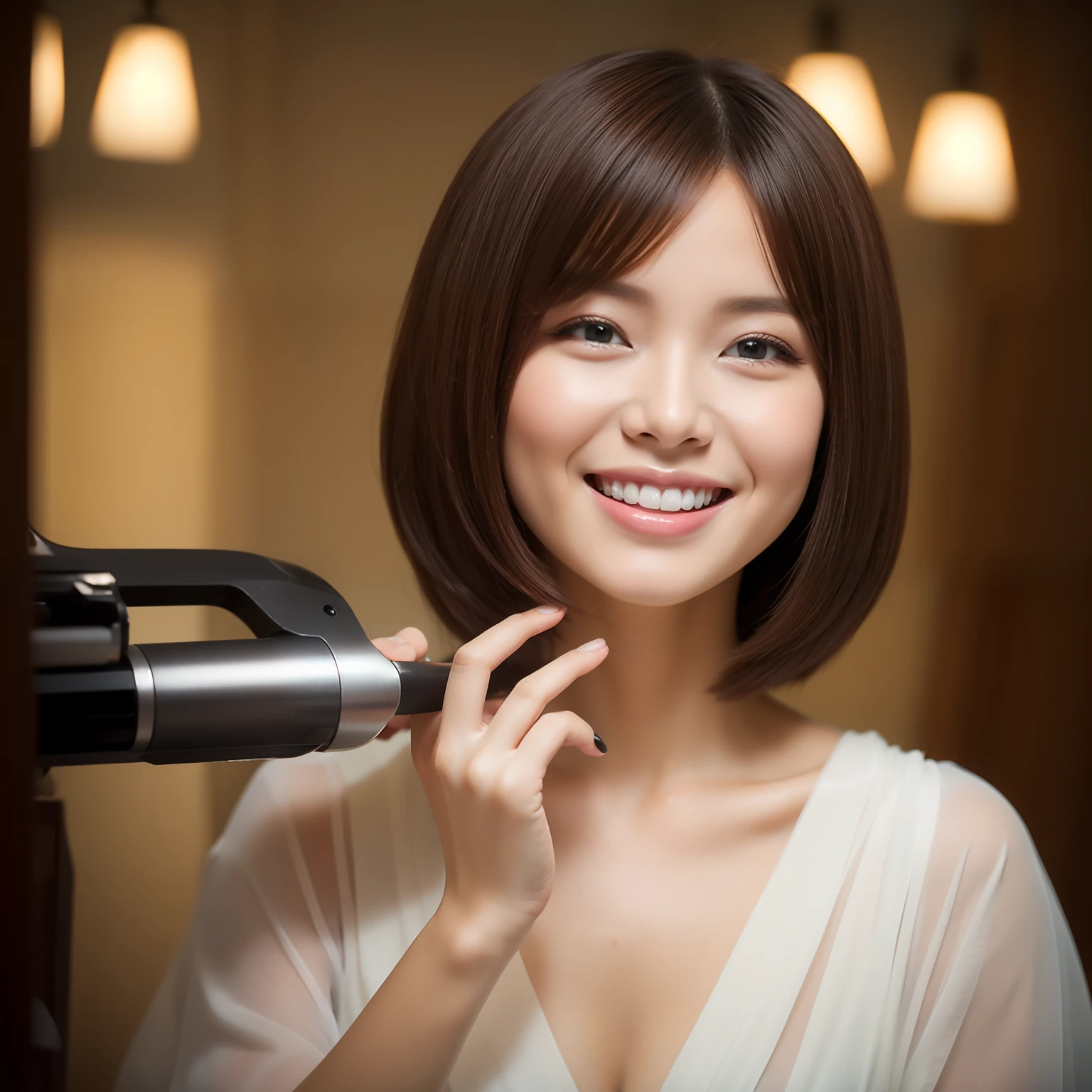 Beauty salon, femele, Hair has been cut, light smile, depth of field, Canon, UHD