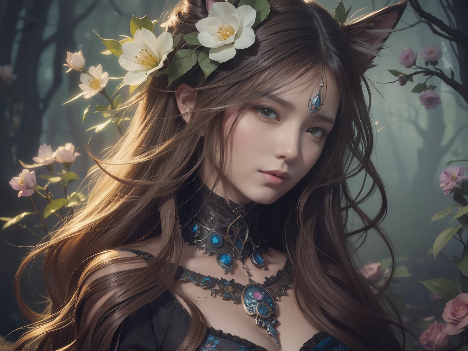 There is a woman with flowers on her cat's face and hair, Fantasyart, digital fantasy art ), detailed fantasy digital art, Fantasy Art Style, 4K highly detailed digital art, fantasy style art, super detailed fantasy characters, 8k high quality detailed art, detailed digital 2d fantasy art, intricate wlop, digital art fantasy art, stunning digital illustration
