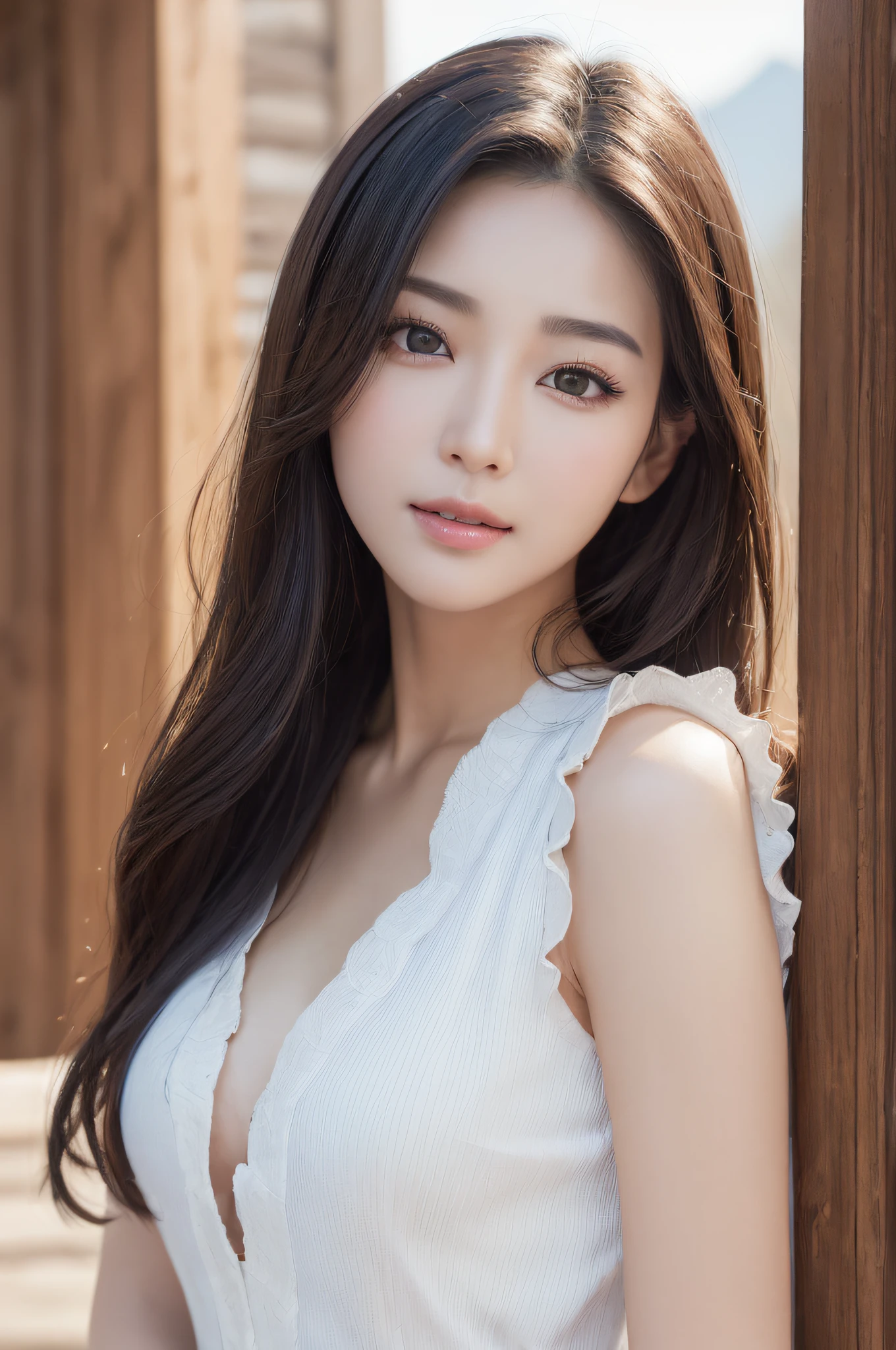 ((best qualtiy、8k masterpieces:1.3))、foco nítido:1.2、(ultra beautiful faces:1.0)、(shinny skin:1.0)、photos realistic、A dark-haired、Video Lighting、High-definition eyes and face、Video Lighting、(cowboy shot:1.3)、(Korean Cute Actress)、from the front side、medium large breasts、ssmile、Sleeveless、Wearing a white blouse