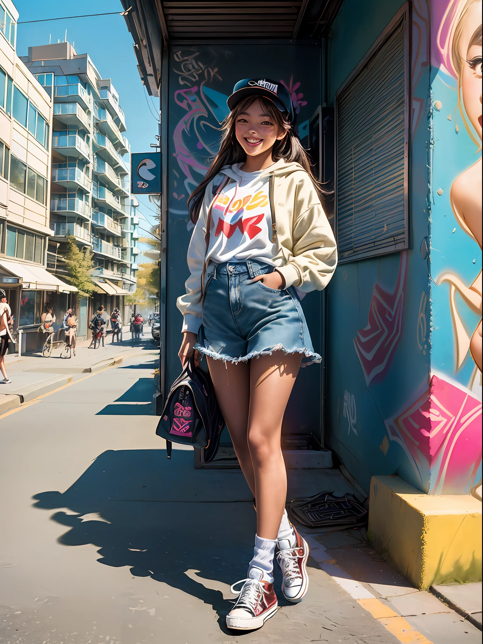 (masterpiece, high resolution, photo-realistic:1.4), (capturing a street snap of a cheerful Canadian teenage girl walking the streets of Vancouver:1.3), (she exudes a vibrant and carefree aura:1.2), (dressed in trendy streetwear, sporting a Converse sneaker:1.2), (her outfit reflecting her individual style and personality:1.2), (a sunny day in Vancouver, with warm rays of sunlight illuminating the scene:1.2), (Canon EOS R6 mirrorless camera:1.2), (paired with a Canon RF 50mm f/1.2L USM lens:1.2), (capturing her joyful expression and every detail of her outfit:1.2), (the backdrop featuring the vibrant streets of Vancouver:1.2), (colorful murals and graffiti adding to the urban charm:1.2), (the bustling atmosphere capturing the essence of the city's liveliness:1.1), (a delightful snapshot of a happy teenager enjoying a sunny day in the heart of Vancouver:1.2).