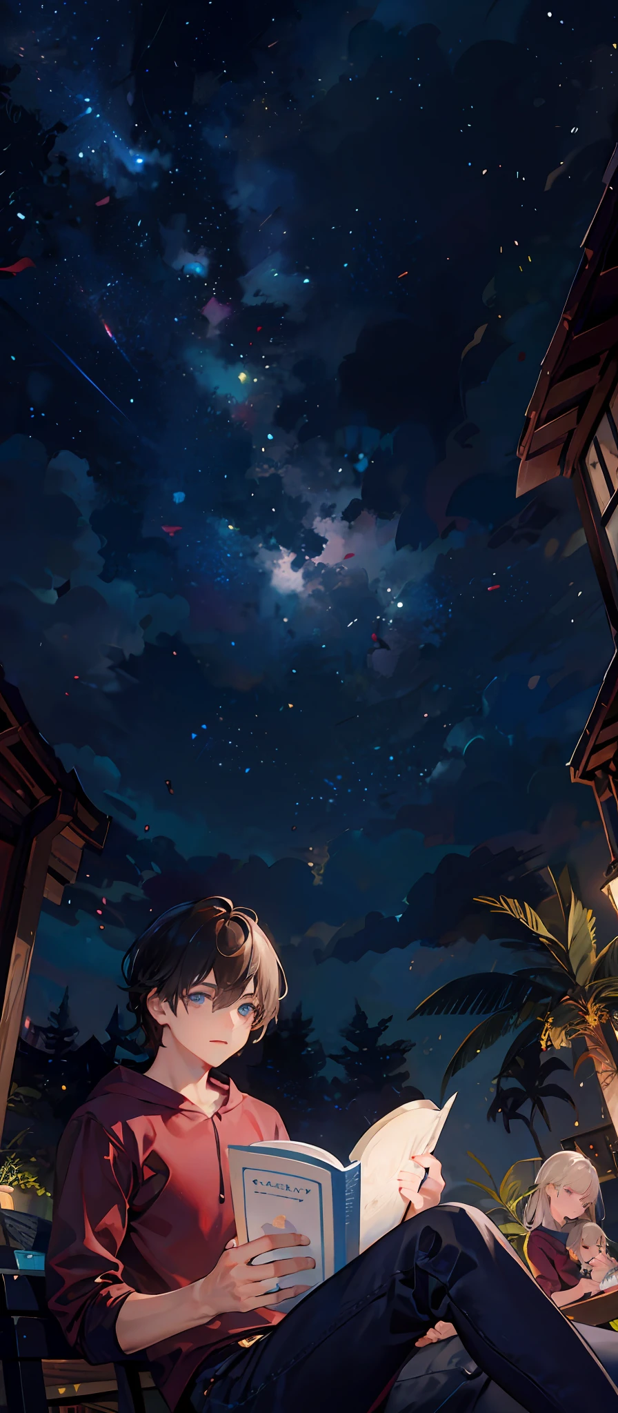 Draw a blue-eyed family reading a book at night in a starry sky