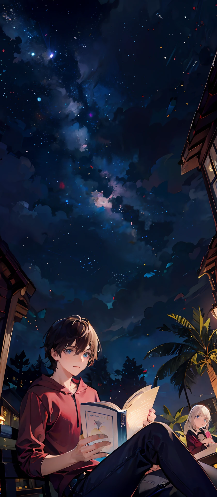 Draw a blue-eyed family reading a book at night in a starry sky
