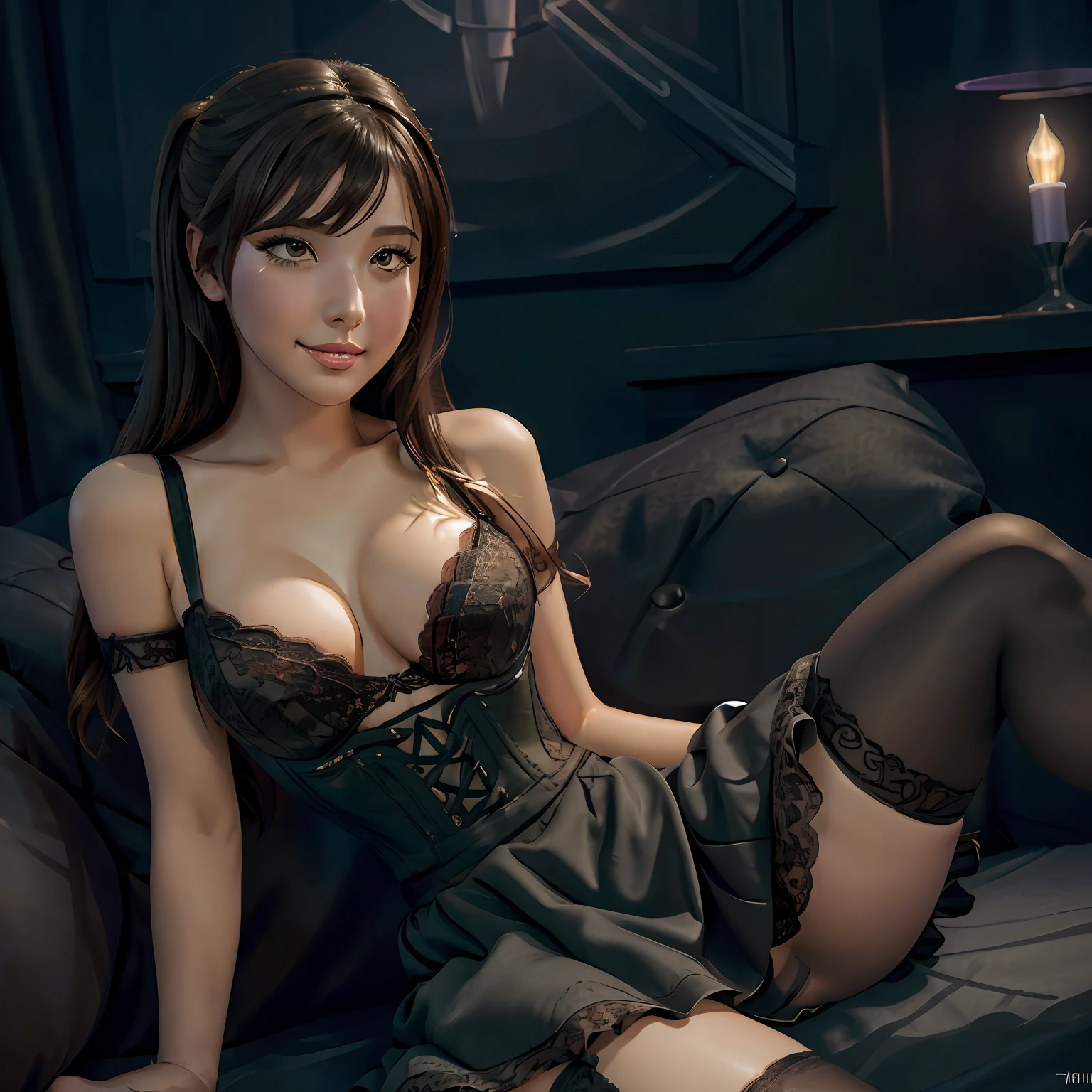 (front focus), (in the dark:1.6), Hyperrealist portrait,1girl, (solo:1.5), by david hockney and alphonse mucha,cleavage big breasts:1.2, (mini skirt:1,5) , fantasy art, photo realistic, dynamic lighting, artstation, poster, volumetric lighting, very detailed faces, 4 k, award winning, 1girl, in the dark, deep shadow, low key, full body shot, sexy, (sexy lace clothing:1.4), dress, corset, looking at viewer, makeup, lipstick, stockings, heels, indoors, long hair, black hair, (ahegao:1.5), fainting