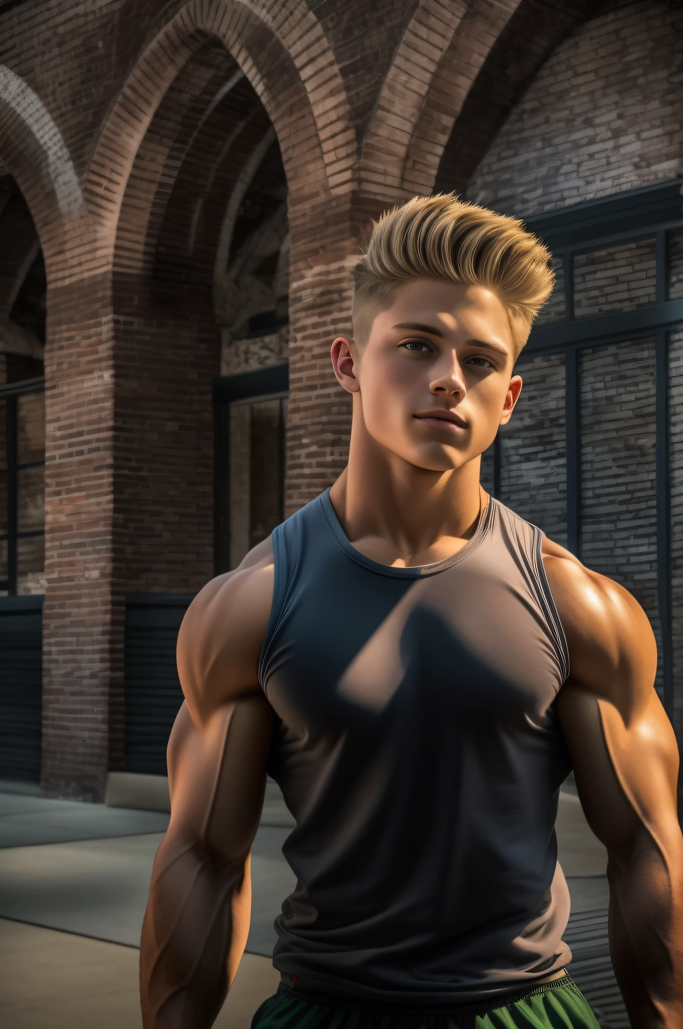 An 18-year-old boy bodybuilder, embodying the perfect fusion of Billy Magnussen and Cody Calafiore, exuding an aura of strength and confidence. Enhanced with HDR technology, this image depicts a true masterpiece.