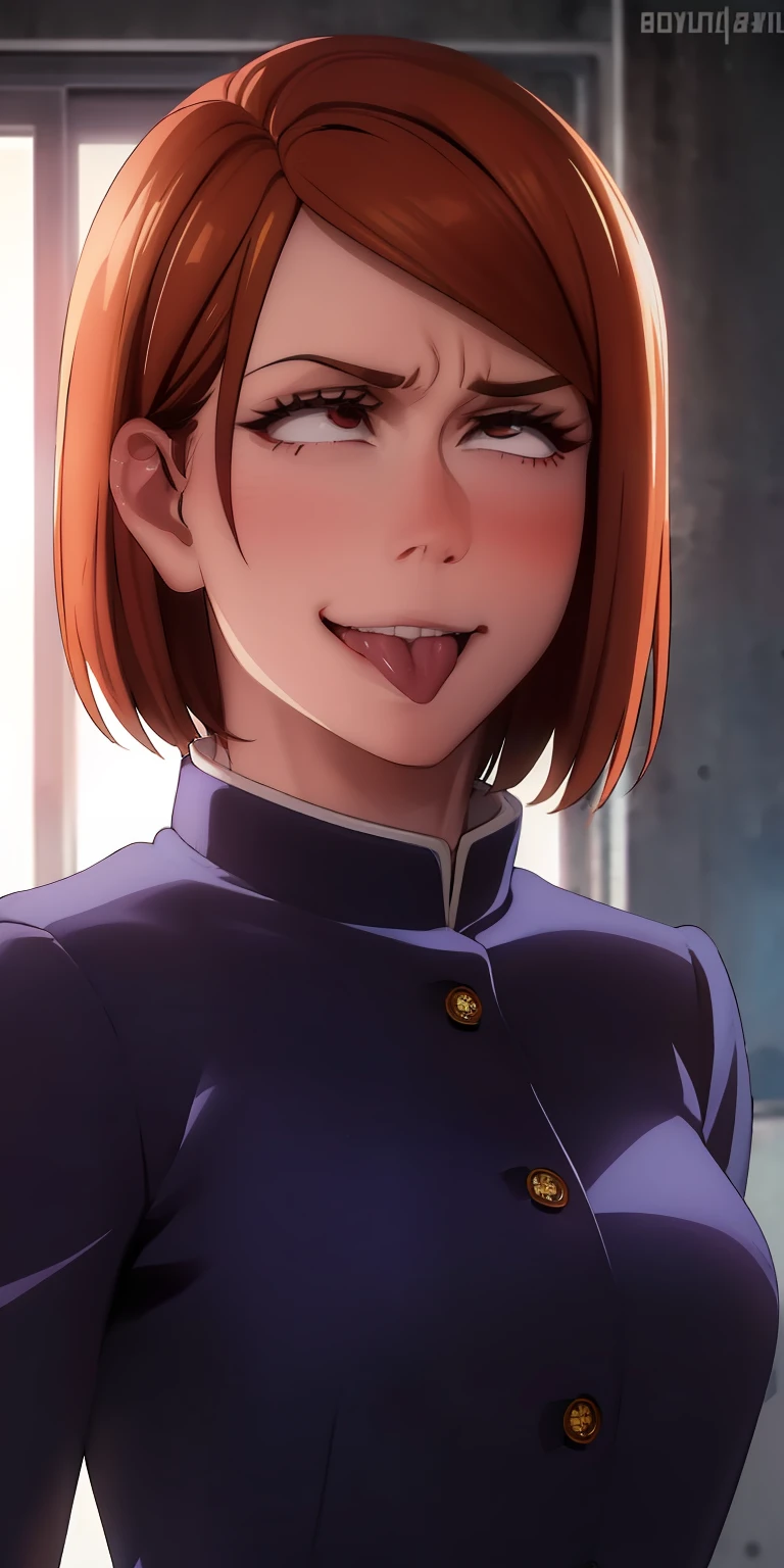 1girl,nobara_jjk,brown hair,short hair, school uniform, brown eyes,jacket, smirk, etailed, beautiful and aesthetic, High quality, beautiful, masterpiece, best quality, standing, leaning forward, shiny skin, tongue out of mouth, blush, sexy body, defined body, perfect eyes, blush, crossed eyes,