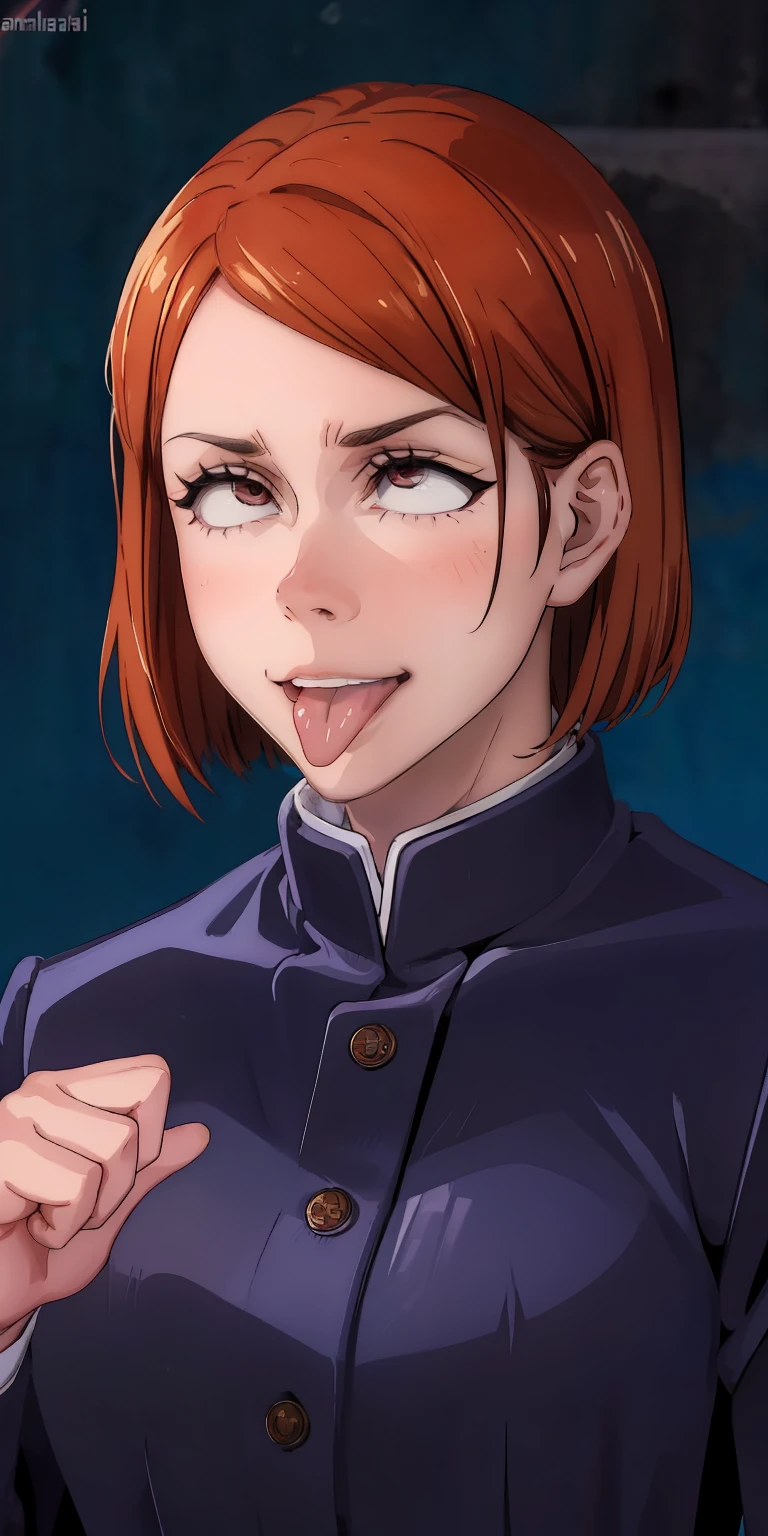1girl,nobara_jjk,brown hair,short hair, school uniform, brown eyes,jacket, smirk, etailed, beautiful and aesthetic, High quality, beautiful, masterpiece, best quality, standing, leaning forward, shiny skin, tongue out of mouth, blush, sexy body, defined body, perfect eyes, blush, crossed eyes,
