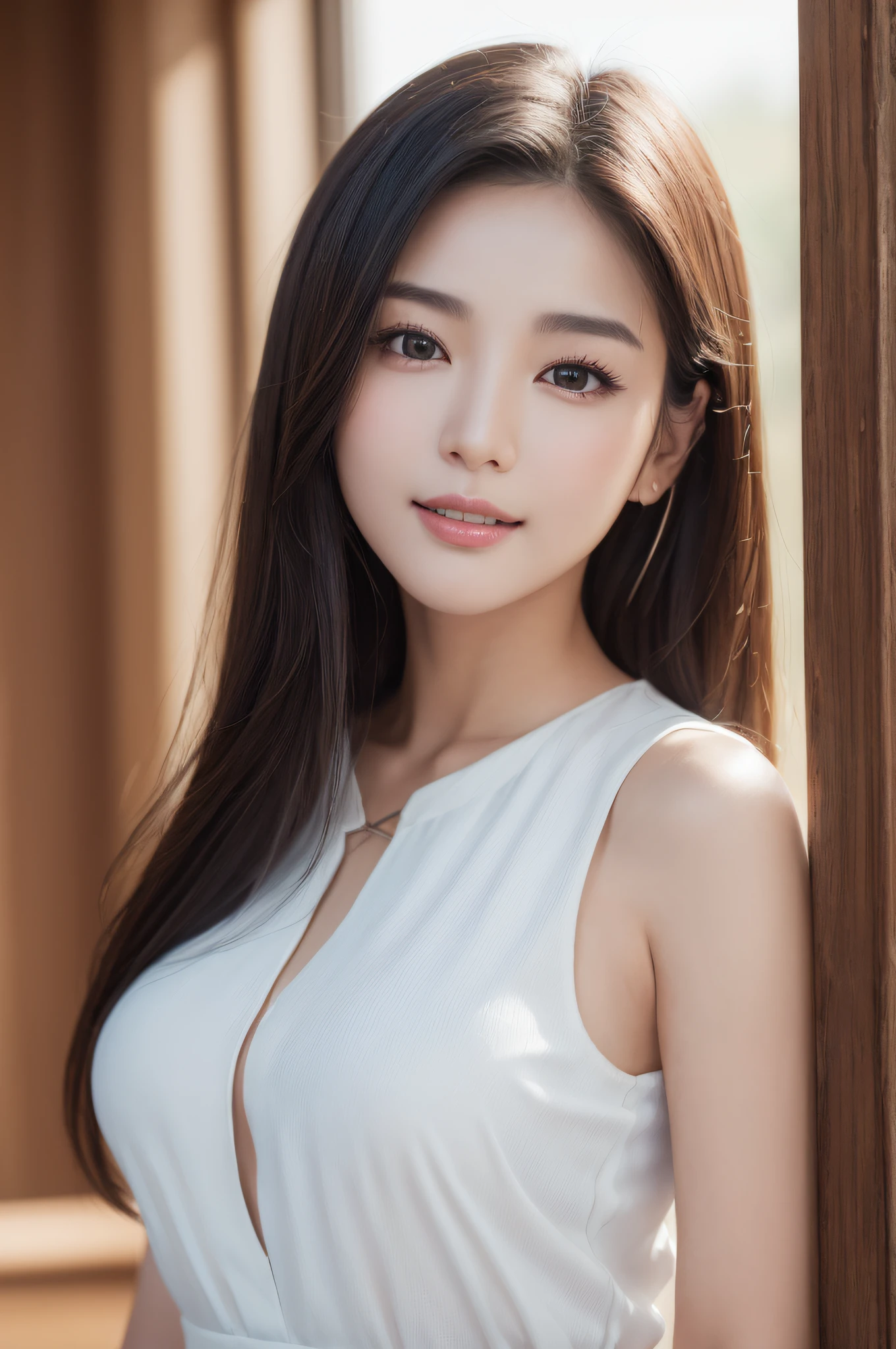 ((best qualtiy、8k masterpieces:1.3))、foco nítido:1.2、(ultra beautiful faces:1.0)、(shinny skin:1.0)、photos realistic、A dark-haired、Video Lighting、High-definition eyes and face、Video Lighting、(cowboy shot:1.3)、(Korean Cute Actress)、from the front side、medium large breasts、ssmile、Sleeveless、Wearing a white blouse