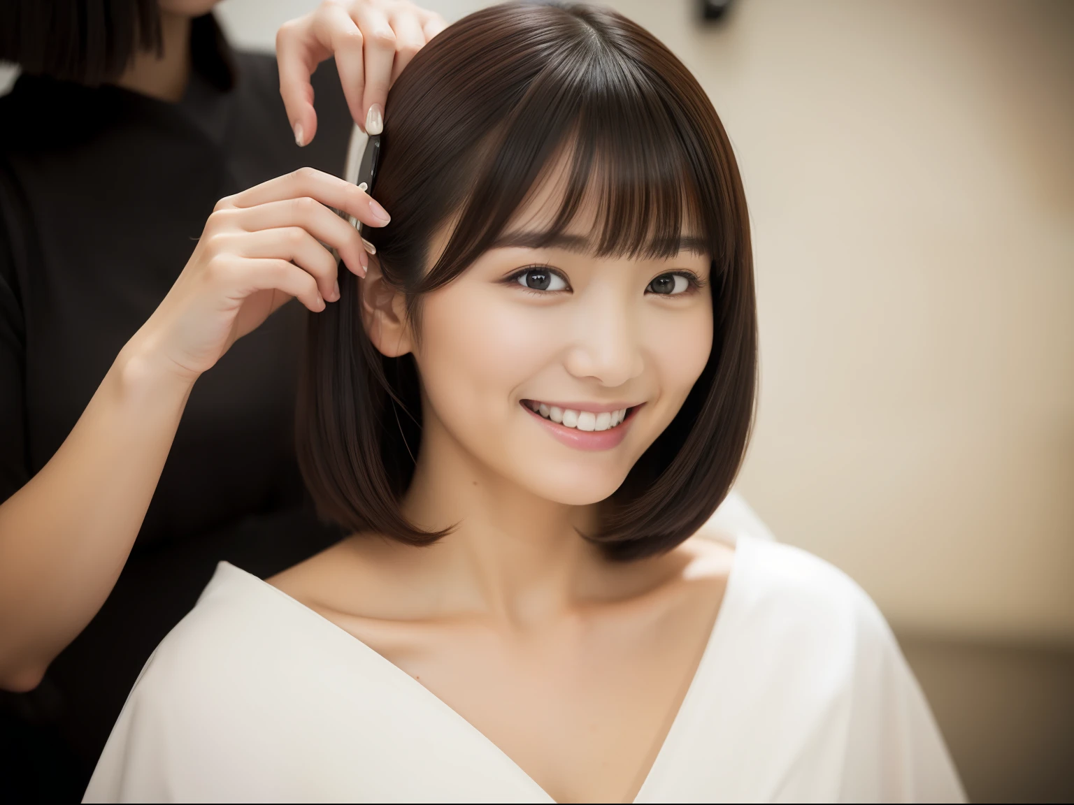 Japan Beauty Salon, femele, Hair being cut, The background is close to white, light smile, depth of field, Canon, UHD