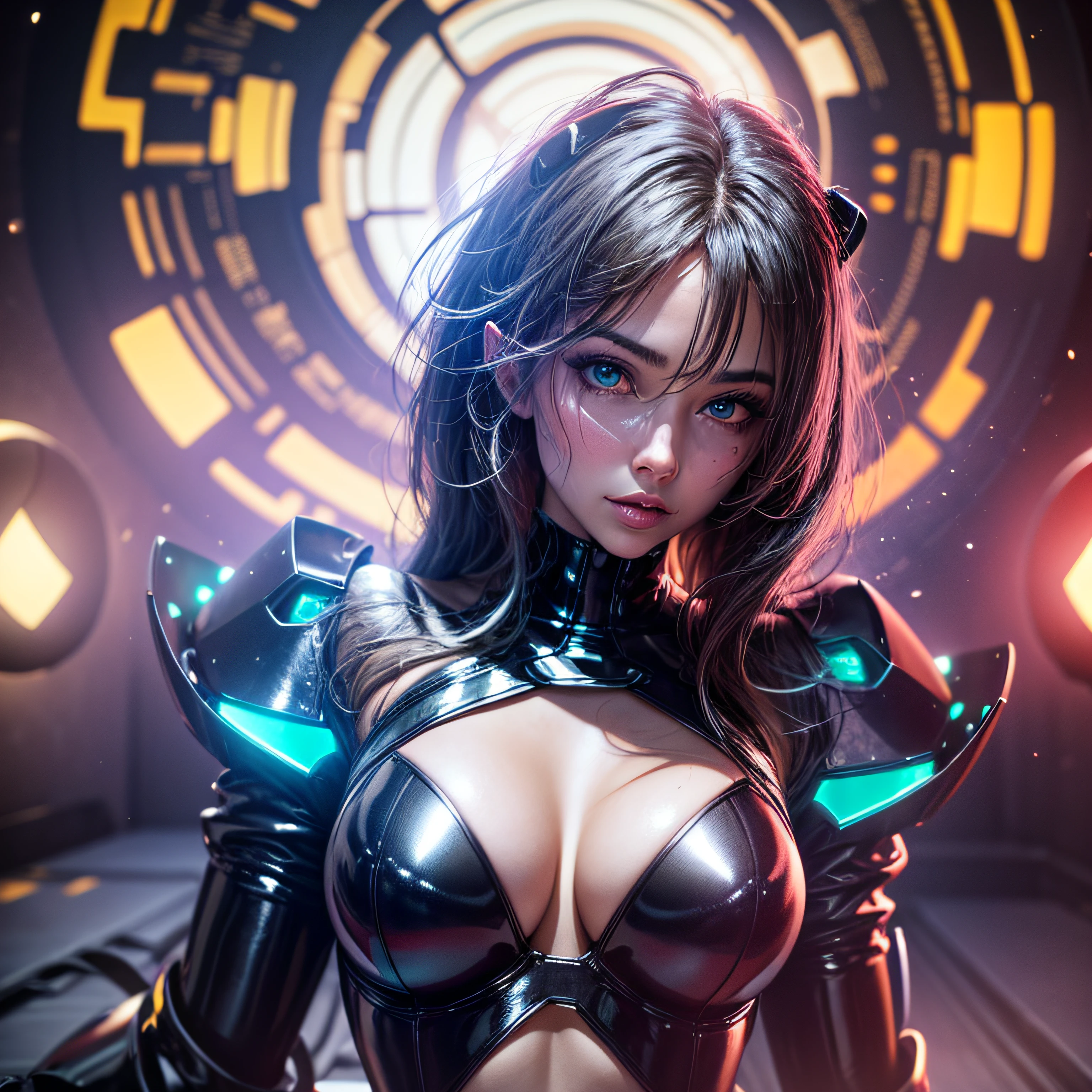 Beautiful black latex woman, olhos azuis, coberta com rosas vermelhas iluminadas, bright blue white glowing heart, visible from human, noite, Colouring, photography hyper-detailed cinematic hdr lighting, softbox lighting, Detalhe extremo, 8k, 3D-rendering, Hiper realista, NVIDIA,