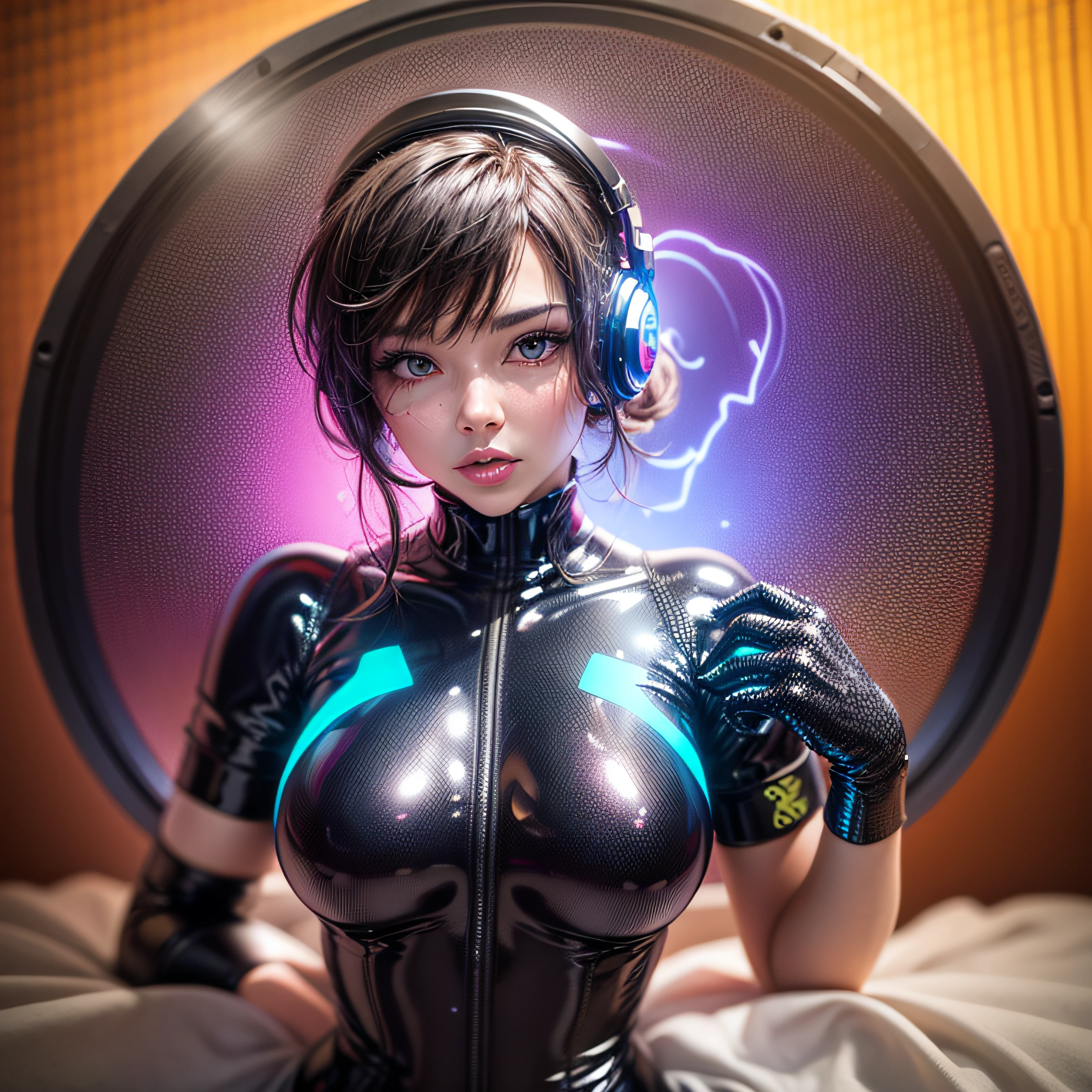Beautiful black latex woman, olhos azuis, coberta com rosas vermelhas iluminadas, bright blue white glowing heart, visible from human, noite, Colouring, photography hyper-detailed cinematic hdr lighting, softbox lighting, Detalhe extremo, 8k, 3D-rendering, Hiper realista, NVIDIA,