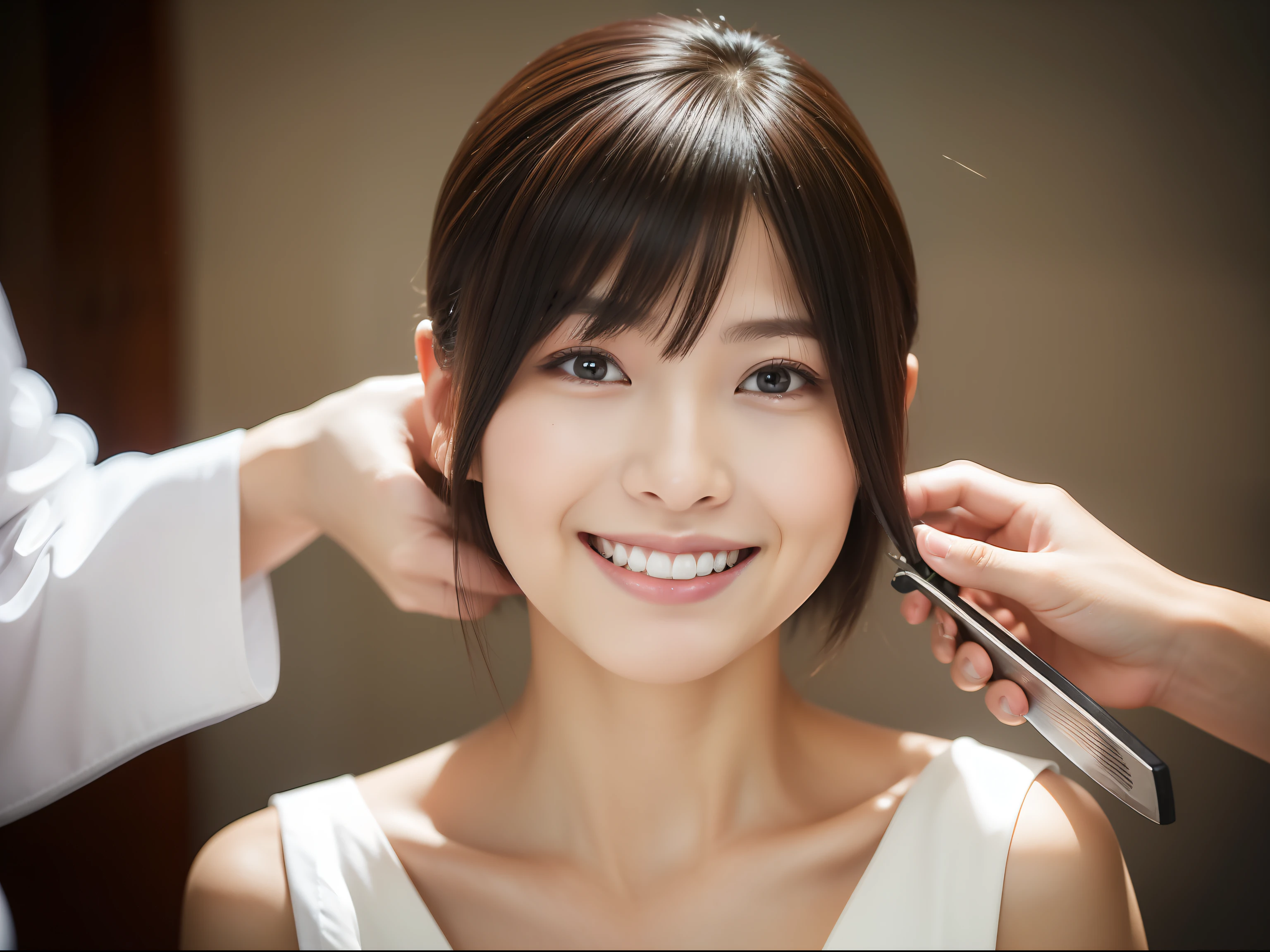 Japan Beauty Salon, femele, Hair being cut, The background is close to white, light smile, depth of field, Canon, UHD