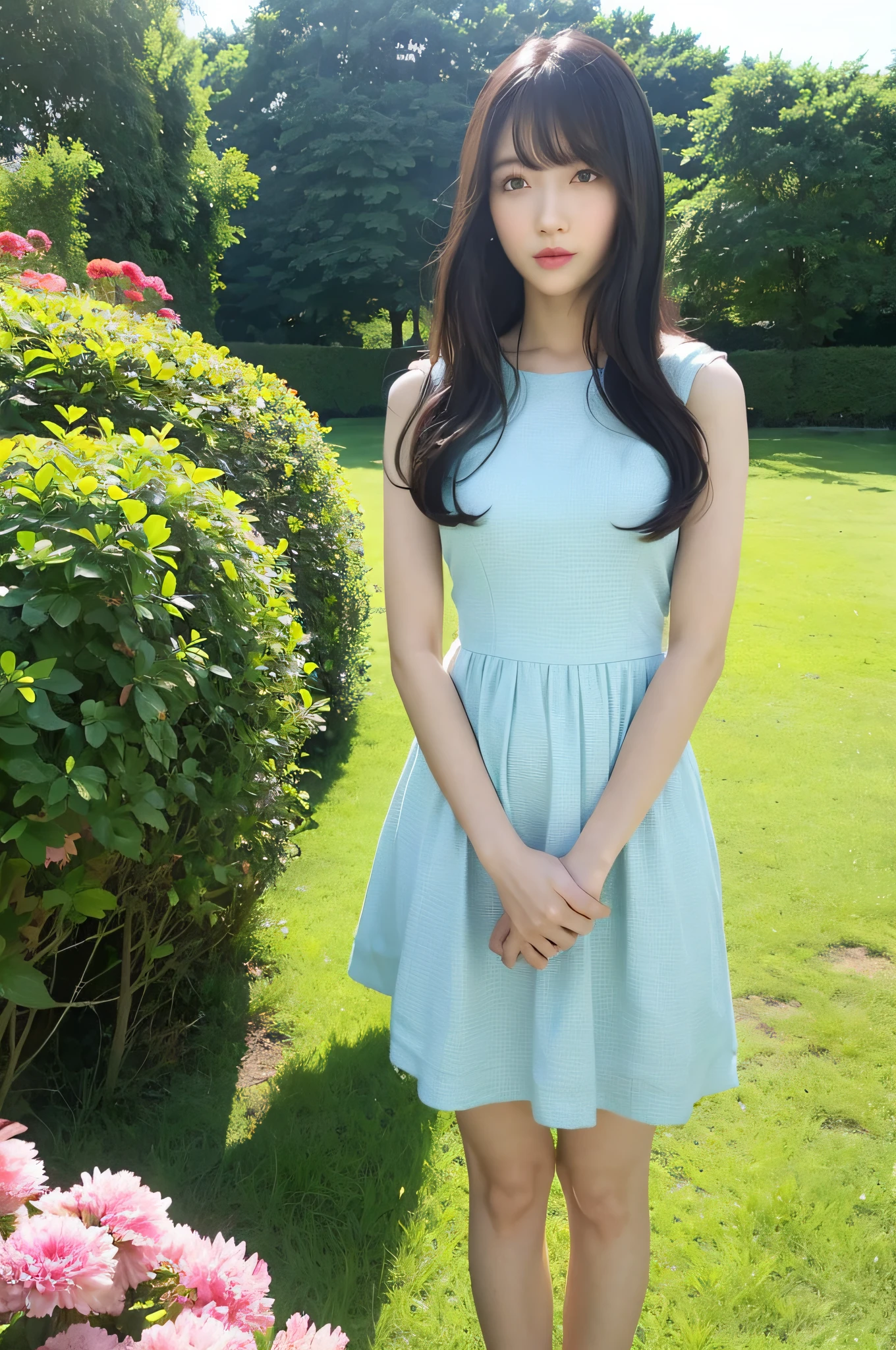 there is a woman that is standing in a garden with flowers, Garota Anime usando um vestido preto, Cute anime waifu in a nice dress, Estilo Artgerm, photorealistic anime girl rendering, feito com anime painter studio, bela arte digital, **** no vestido, arte cg anime suave, ****** anime bonita, 2. 5 d cgi anime fantasia arte |