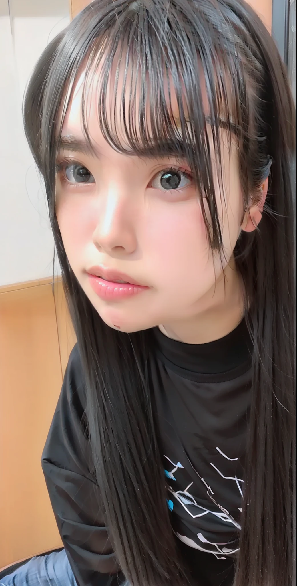girl, verry beautiful, beautiful hair, beautiful eyes, black shirt, long hair, black hair, realistic, ultra detail, 70mm lens,