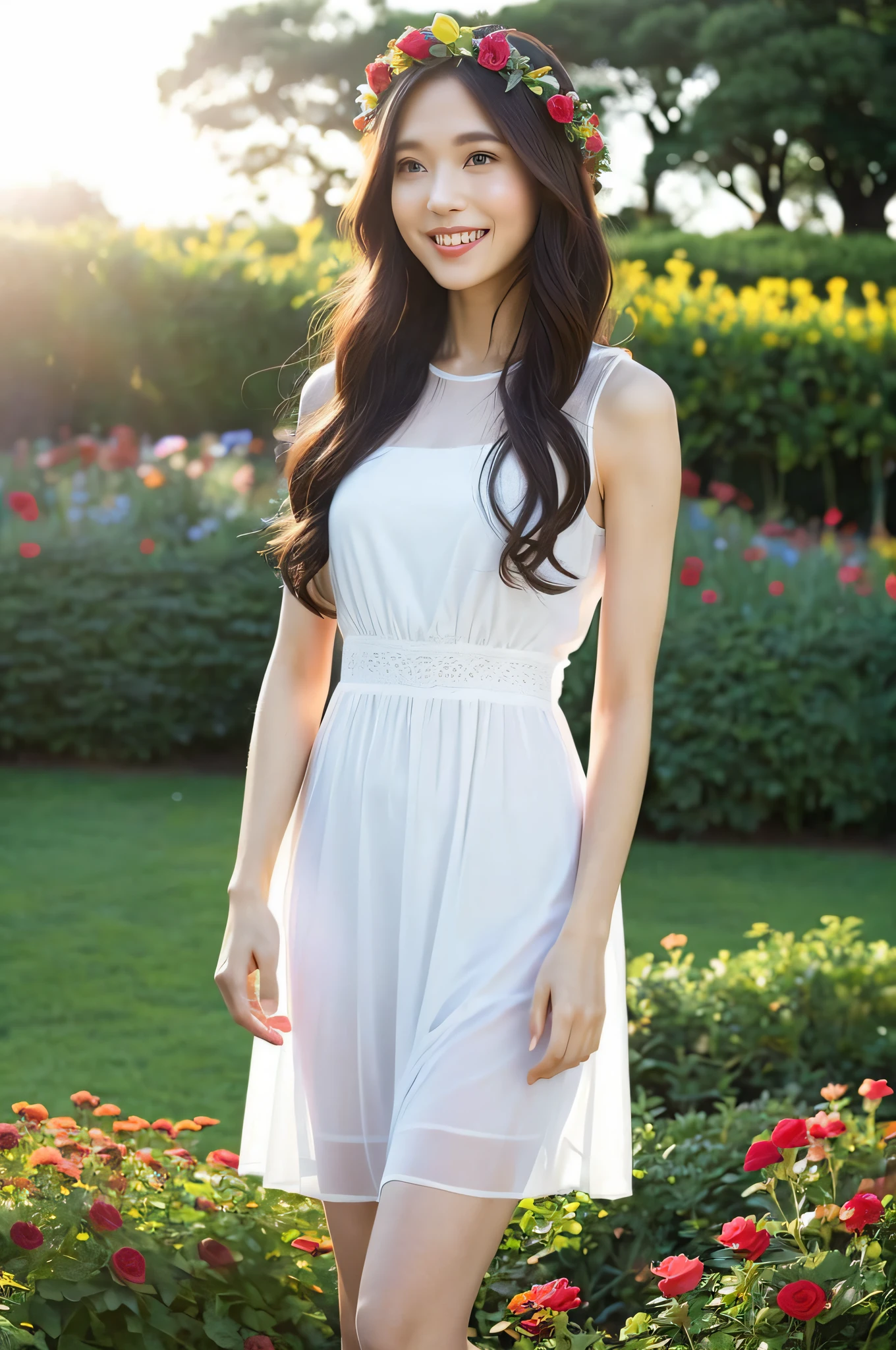 Full body photo,((((Slim body)))),20 years old、Twilight rays、Underwear showing through,Sheer summer dress、Flower crown,((Tokugawaen))), rose front bokeh, Bokeh, Photorealistic, surrounded by colorful roses,((Smiling)))),(1 girl), (Sunset:1.3), (8k, RAW photo, Best quality, Masterpiece:1.2), (Real, Photorealistic:1.37), Best Quality, Ultra High Definition, (Standing in the Flower Garden:1.3), (Vibrant and Colorful:1.3)