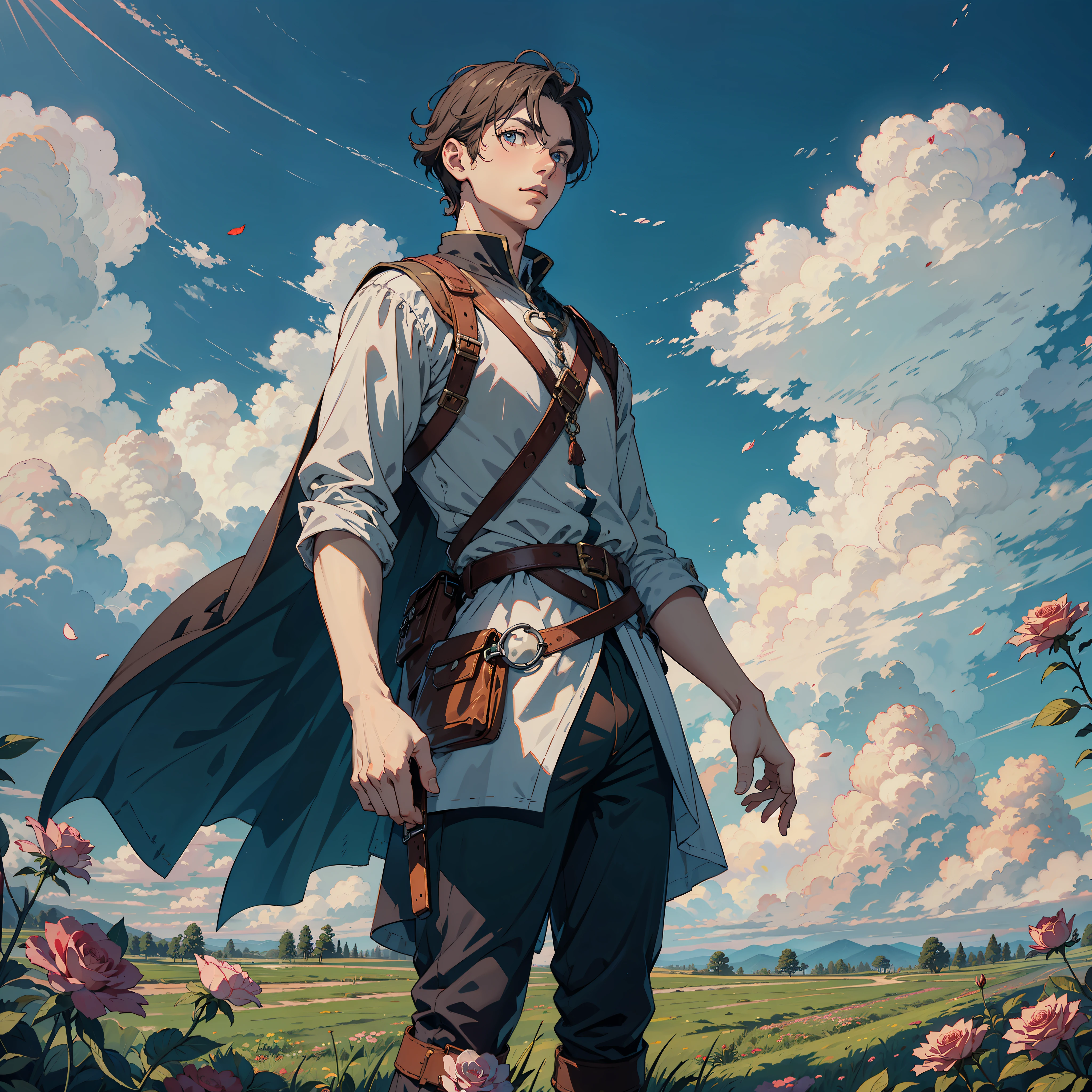 1man, solo, Um soldado medieval, em um campo de rosas vermelhas, pequenas montanhas ao longe, sky clear, capacete medieval, anatomia masculina,