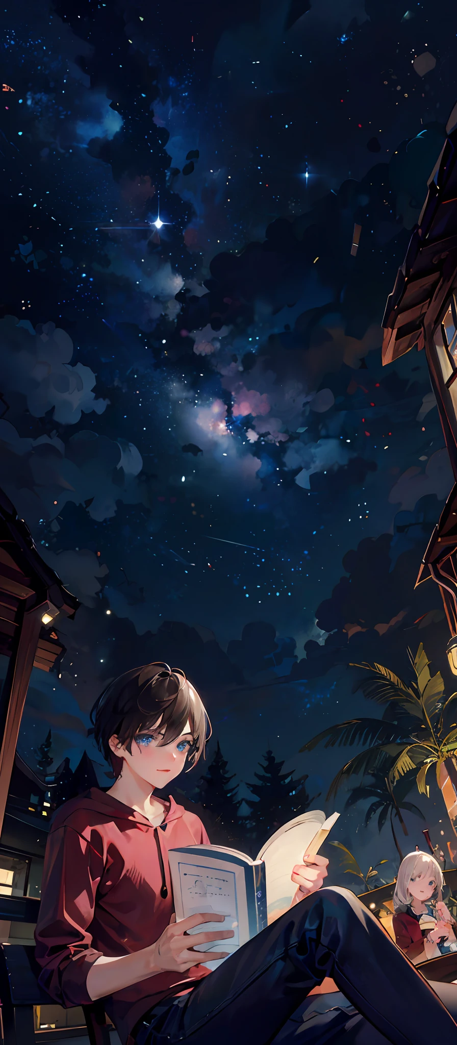 Draw a 30-year-old home: a 26-year-old woman with a blue-eyed son reading a book at night in a starry sky;