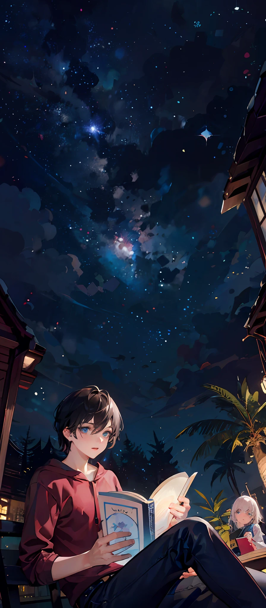 Draw a 30-year-old home: a 26-year-old woman with a blue-eyed son reading a book at night in a starry sky;