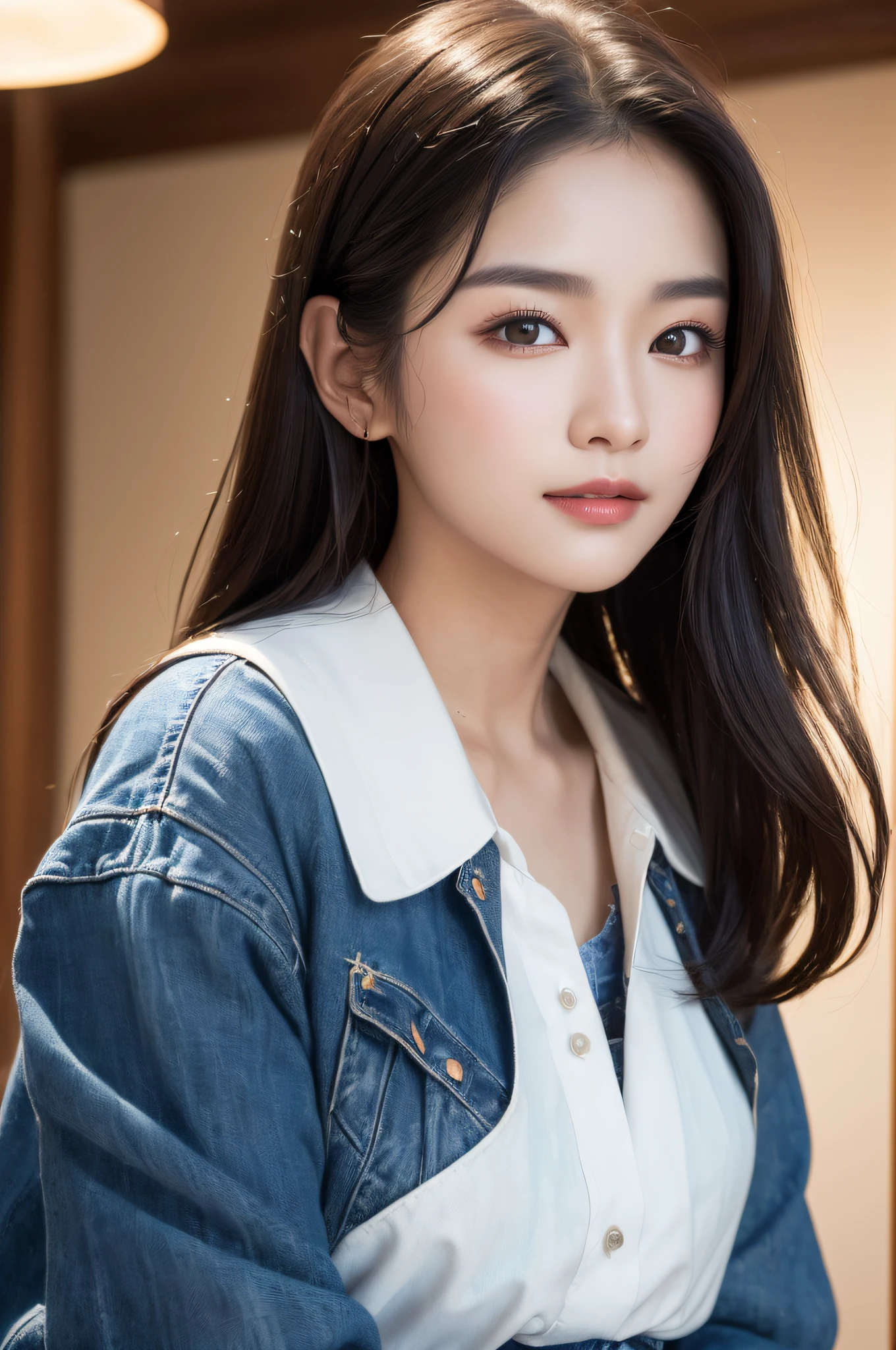 ((best qualtiy、8k masterpieces:1.3))、foco nítido:1.2、(ultra beautiful faces:1.0)、(shinny skin:1.0)、photos realistic、A dark-haired、Video Lighting、High-definition eyes and face、Video Lighting、(cowboy shot:1.3)、(Korean Cute Actress)、from the front side、medium large breasts、ssmile、Sleeveless、Wearing a white blouse
