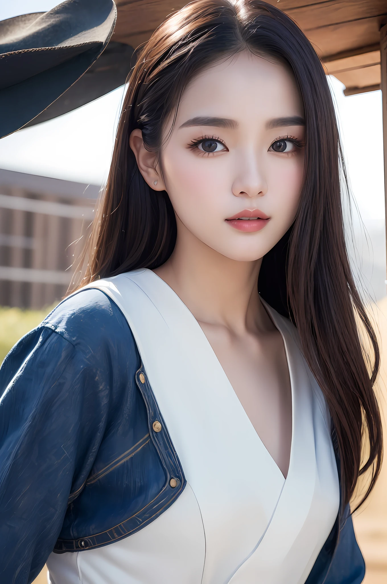 ((best qualtiy、8k masterpieces:1.3))、foco nítido:1.2、(ultra beautiful faces:1.0)、(shinny skin:1.0)、photos realistic、A dark-haired、Video Lighting、High-definition eyes and face、Video Lighting、(cowboy shot:1.3)、(Korean Cute Actress)、from the front side、medium large breasts、ssmile、Sleeveless、Wearing a white blouse