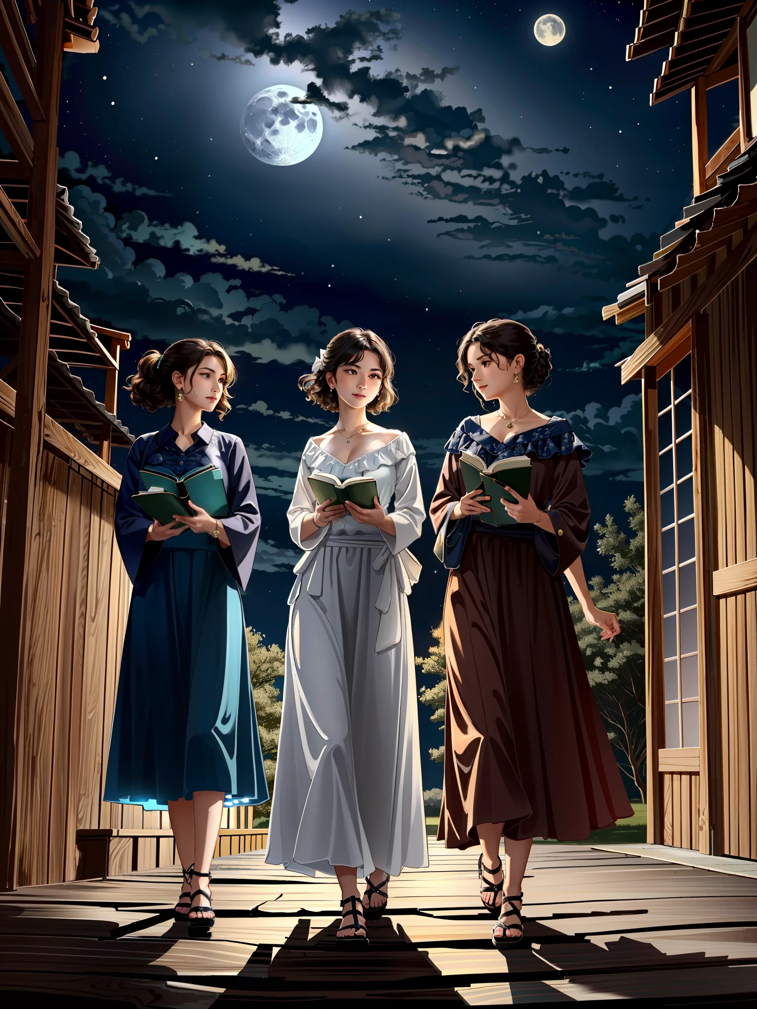 several young girls, 3girls, livros, cabelo curto, rindo
Imagem 4K, uma mulher, seus cabelos penteados como uma noite cintilante de lua, Eyes reflecting the mysteries of the night sky. Vestida com um vestido feito de poeira estelar tecida, she stands in a tranquil landscape where moonlight bathes everything in a soft glow. A cena, sob a luz encantadora da lua, retratada no estilo de uma obra de arte noturna sonhadora.
obra-prima, melhor qualidade, arte oficial,
