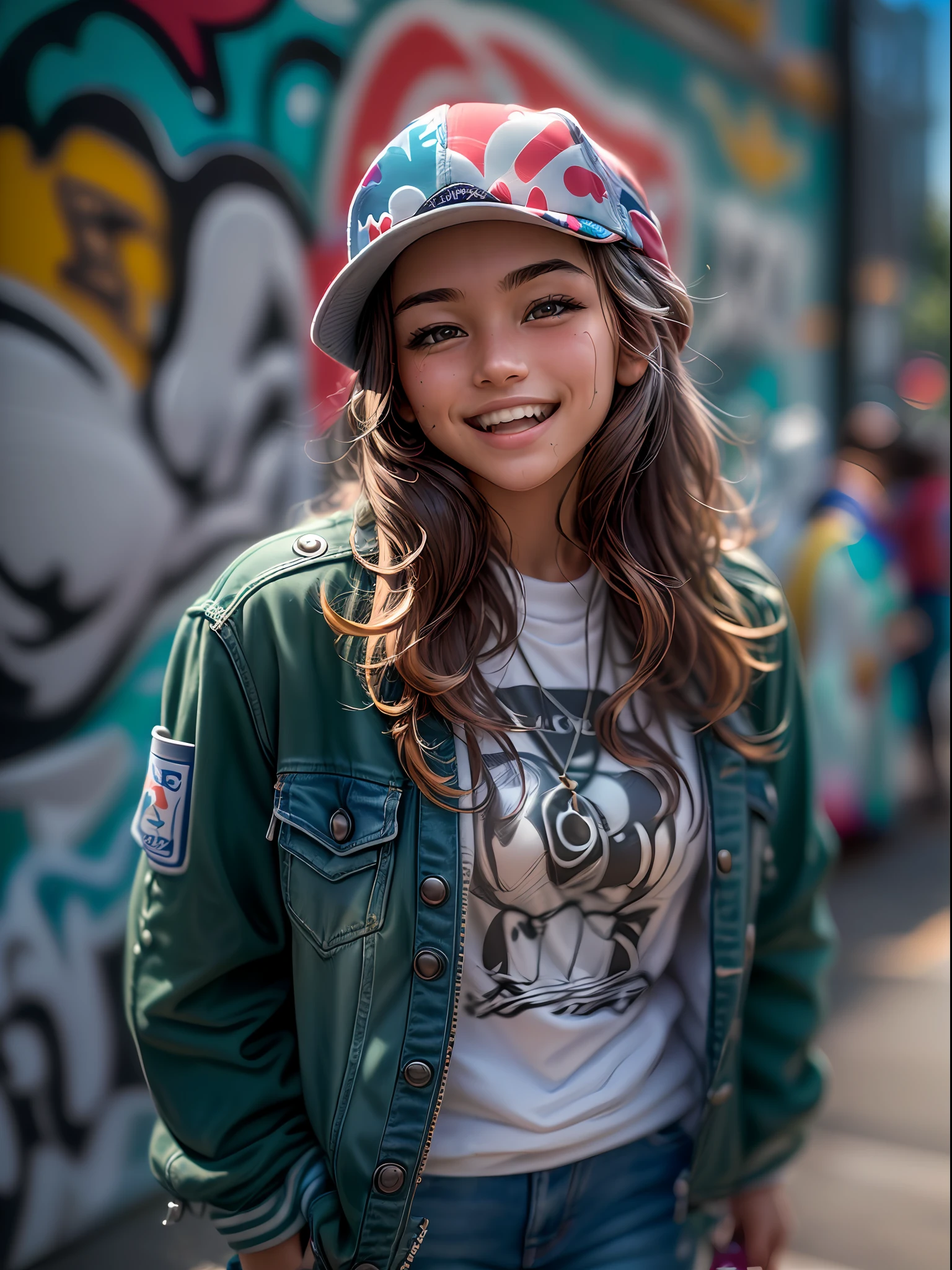 (masterpiece, high resolution, photo-realistic:1.4), (capturing a street snap of a cheerful Canadian teenage girl walking the streets of Vancouver:1.3), (she exudes a vibrant and carefree aura:1.2), (dressed in trendy streetwear, sporting a Converse sneaker:1.2), (her outfit reflecting her individual style and personality:1.2), (a sunny day in Vancouver, with warm rays of sunlight illuminating the scene:1.2), (Canon EOS R6 mirrorless camera:1.2), (paired with a Canon RF 50mm f/1.2L USM lens:1.2), (capturing her joyful expression and every detail of her outfit:1.2), (the backdrop featuring the vibrant streets of Vancouver:1.2), (colorful murals and graffiti adding to the urban charm:1.2), (the bustling atmosphere capturing the essence of the city's liveliness:1.1), (a delightful snapshot of a happy teenager enjoying a sunny day in the heart of Vancouver:1.2).