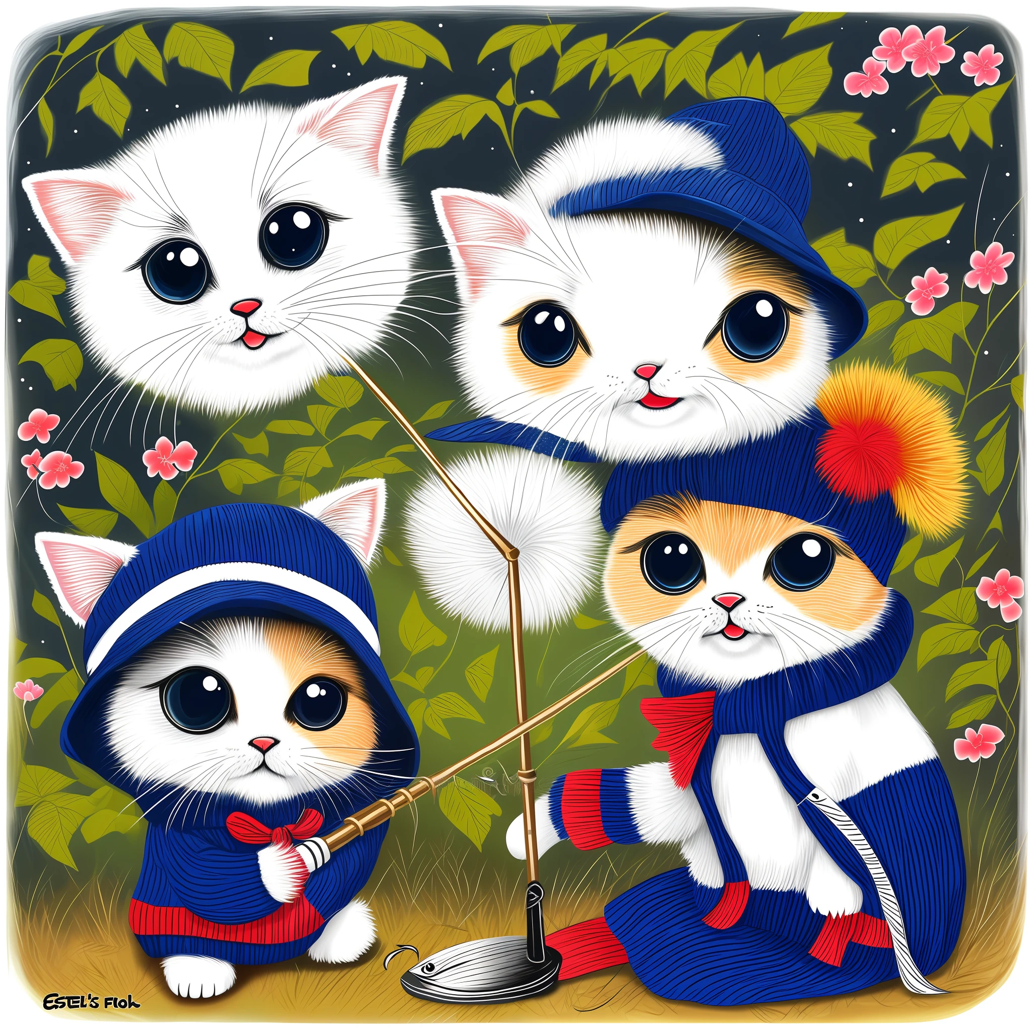 Chibi cat with a fish sweater and a fisherman's cap. Create an illustration of a chibi cat wearing a fish-print sweater and wearing a fisherman's cap. He's smiling as he holds a fishing rod. estilo cartoon. Animal 2b. Preto e branco. por inteiro, corpo inteiro. Small cat in black and white manga style, animal chibi.